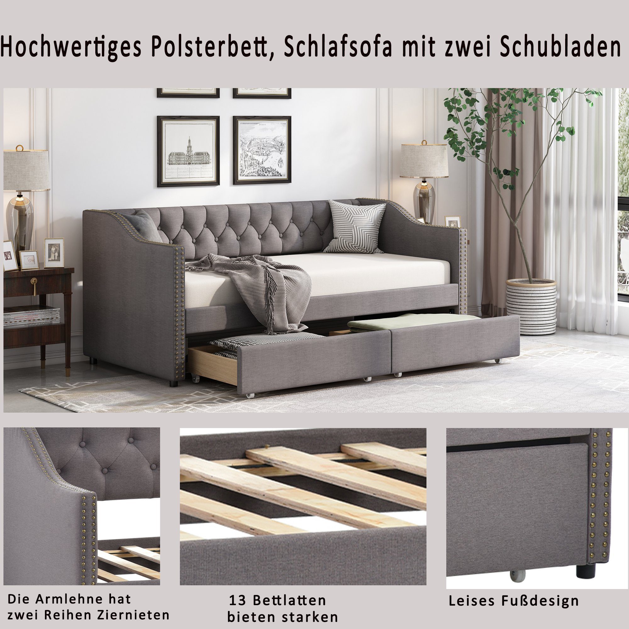 Daybett (Polsterbett mit Schubladen und Lattenrost), Kinderbett 90x200 cm Schlafsofa Gästebett Einzelbett, Leinen