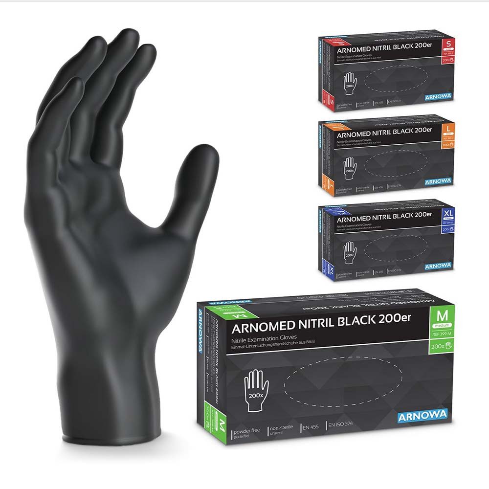 ARNOWA Einweghandschuhe 200x ARNOMED Einweghandschuhe Schwarz, puderfrei, latexfrei M, L, XL