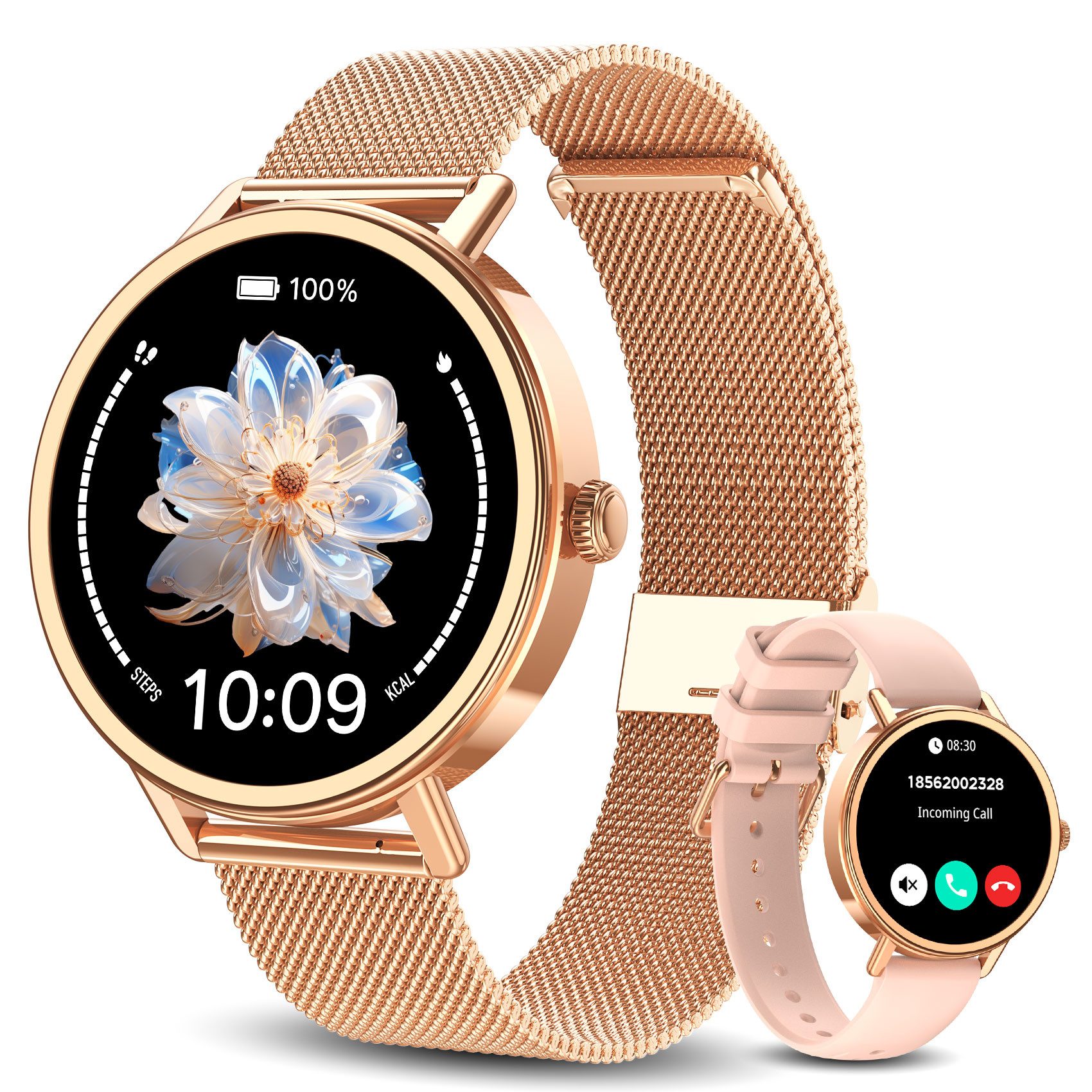 blackview Smartwatch X30 1,26″ für Damen mit Telefonfunktion undFitness-Tracking Smartwatch (4 cm/1.26 Zoll, iOS/Android) Set, mit Wechselband aus weichemSilikon und Ladekabel, 5 Tage Akkulaufzeit/2 Armbänder/HF&SpO₂& Blutdruck/100+ Sportmodi,IP68