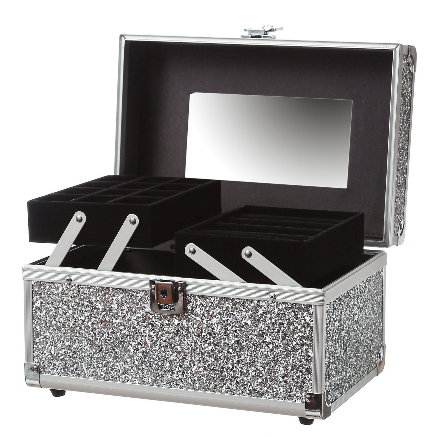MARELIDA Schmuckkoffer Schmuckkästchen silber Glitzer-Optik Klappfächer Schmuckkoffer (1 St)