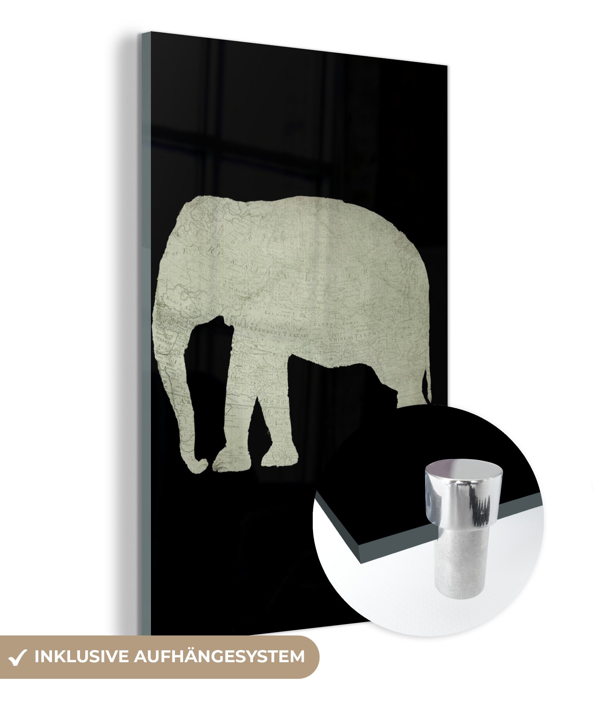 MuchoWow Acrylglasbild Elefant - Karte - Retro, (1 St), Glasbilder - Bilder auf Glas Wandbild - Foto auf Glas - Wanddekoration