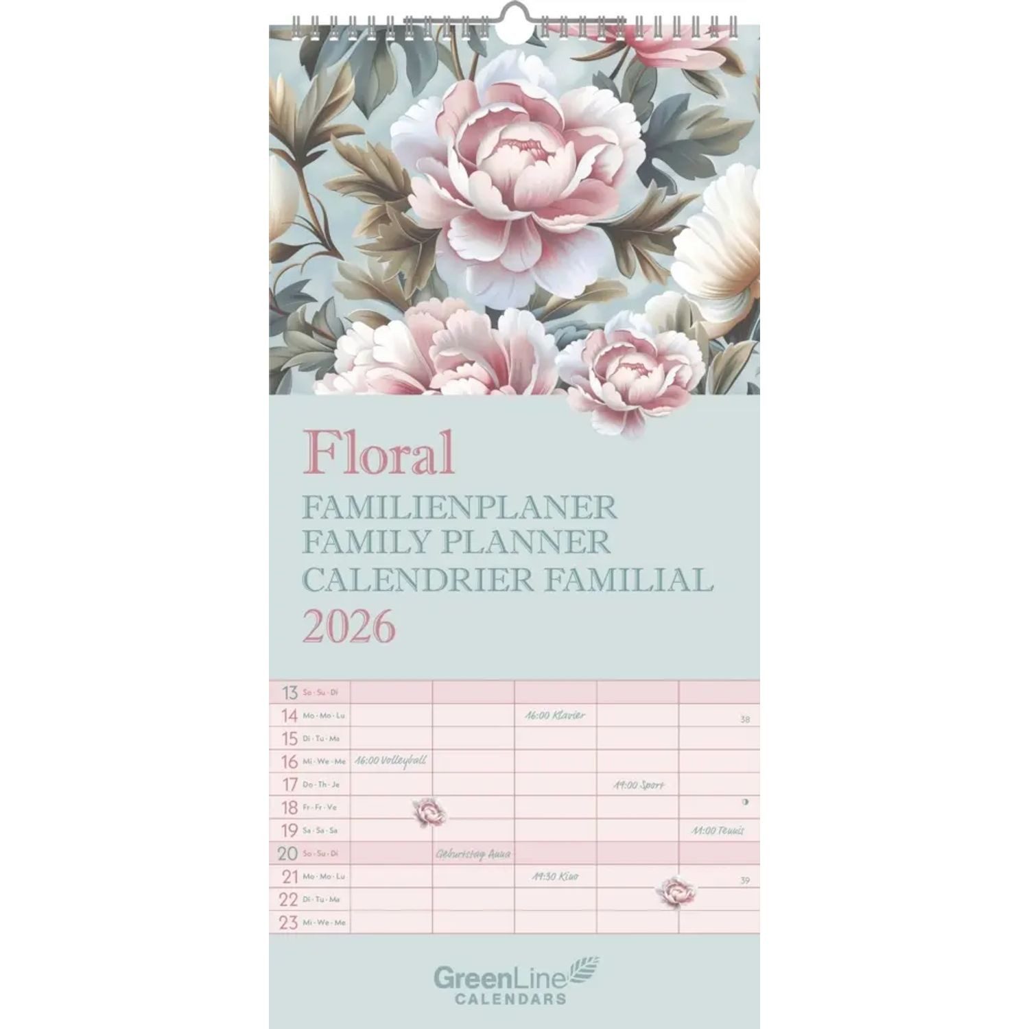 GreenLine Wandkalender GreenLine - Floral Familienplaner 2026 - Wandkalender 22x45 cm,...