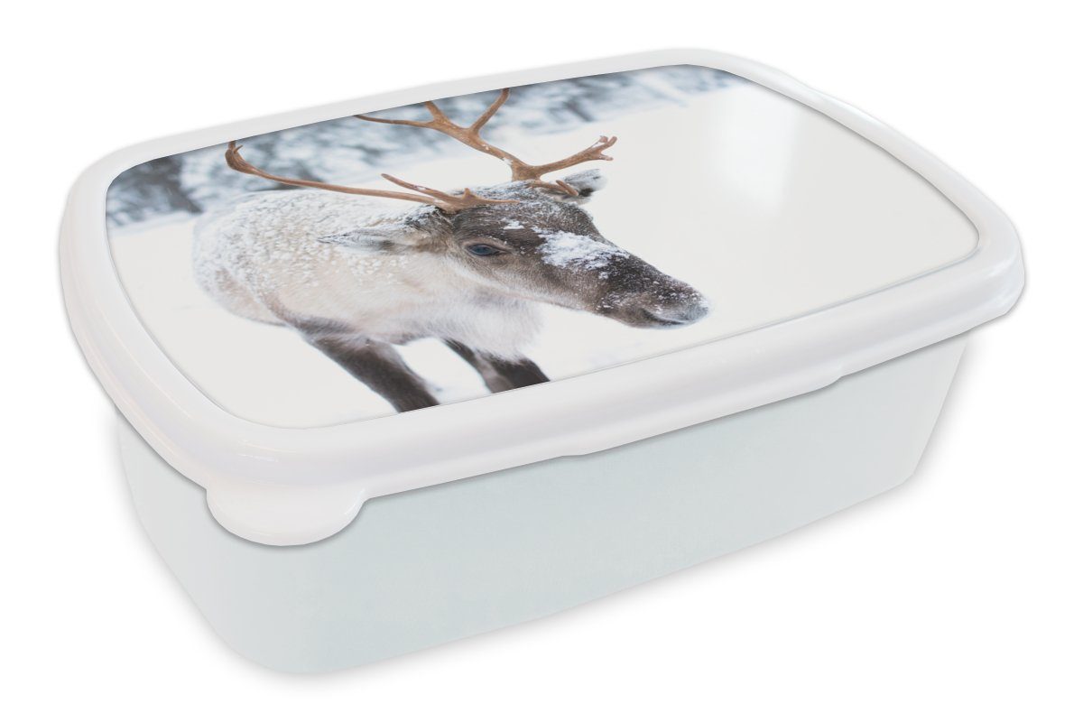 MuchoWow Lunchbox Hirsche - Rentiere - Schnee, Kunststoff, (2-tlg), Brotbox für Kinder und Erwachsene, Brotdose, für Jungs und Mädchen weiß