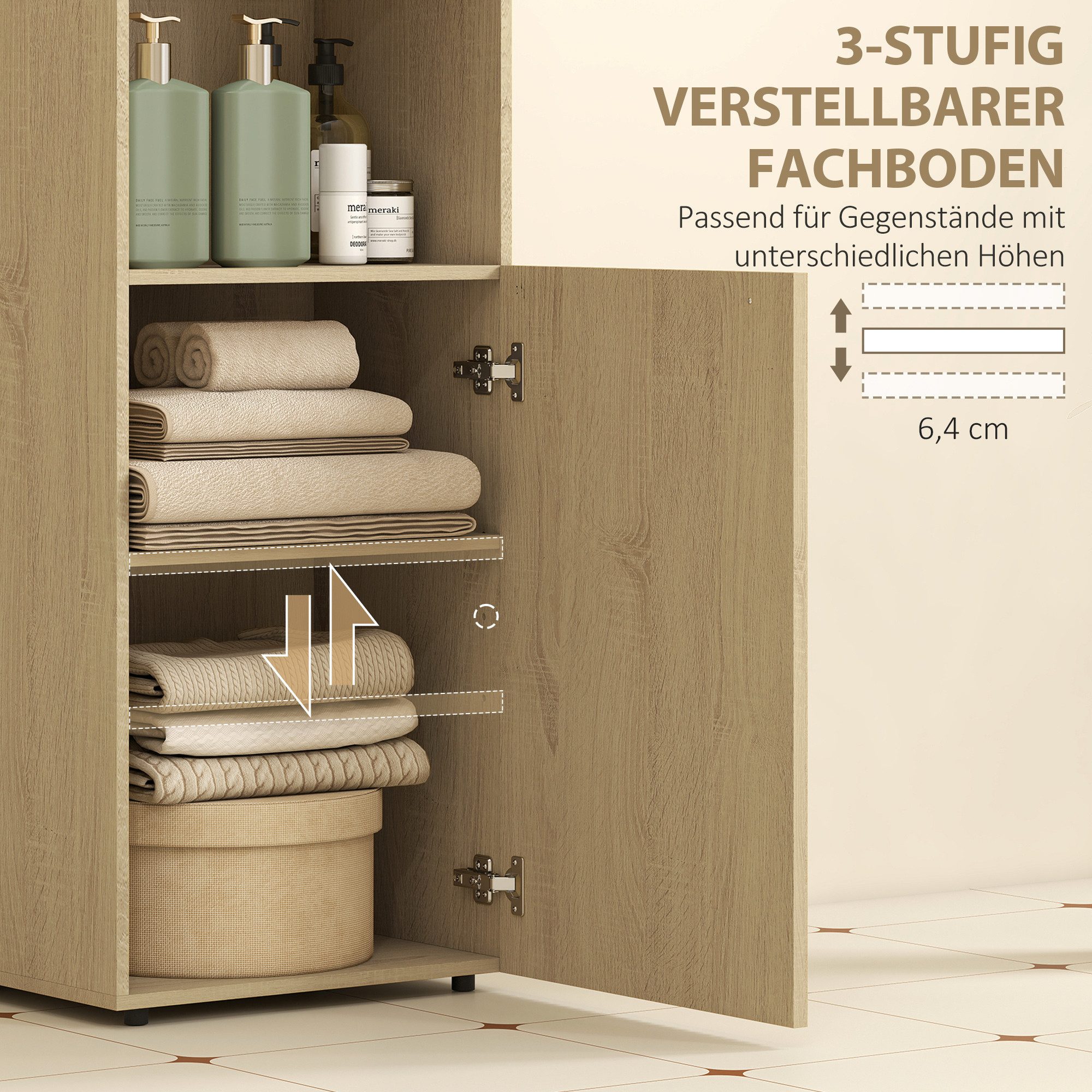 HOMCOM Badkommode Badezimmerschrank Nischenschrank mit Schrank, offen Regal (Badschrank, 1 St., Aufbewahrungsschrank), für Badezimmer, Wohnzimmer, Eiche – Bild 5 von 5