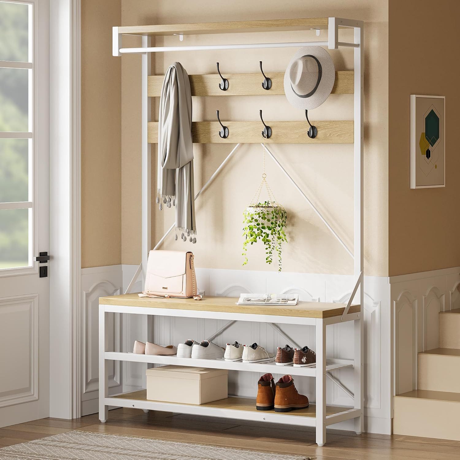 GarveeMore Garderobenständer 4-in-1 mit Sitzbank,3 Etagen Ablage und 8 Haken,183cm, mit Schuhbank,verstellbare Füße,Kleiderstange,101x40x183cm