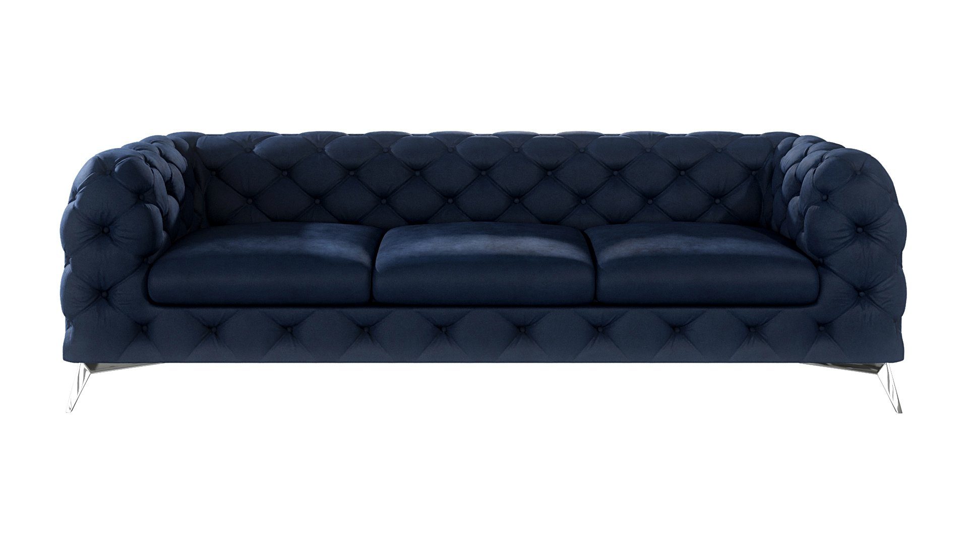 Wellenfederung Chesterfield 3-Sitzer S-Style Silber Sofa Marineblau mit Füßen, Möbel Metall mit Kalina