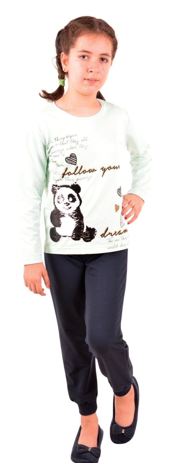 (Set, Schlafanzug Mädchen Pyjama Set tlg) Baumwolle Pyjama 2 LOREZA Panda Hausanzug Aqua langarm