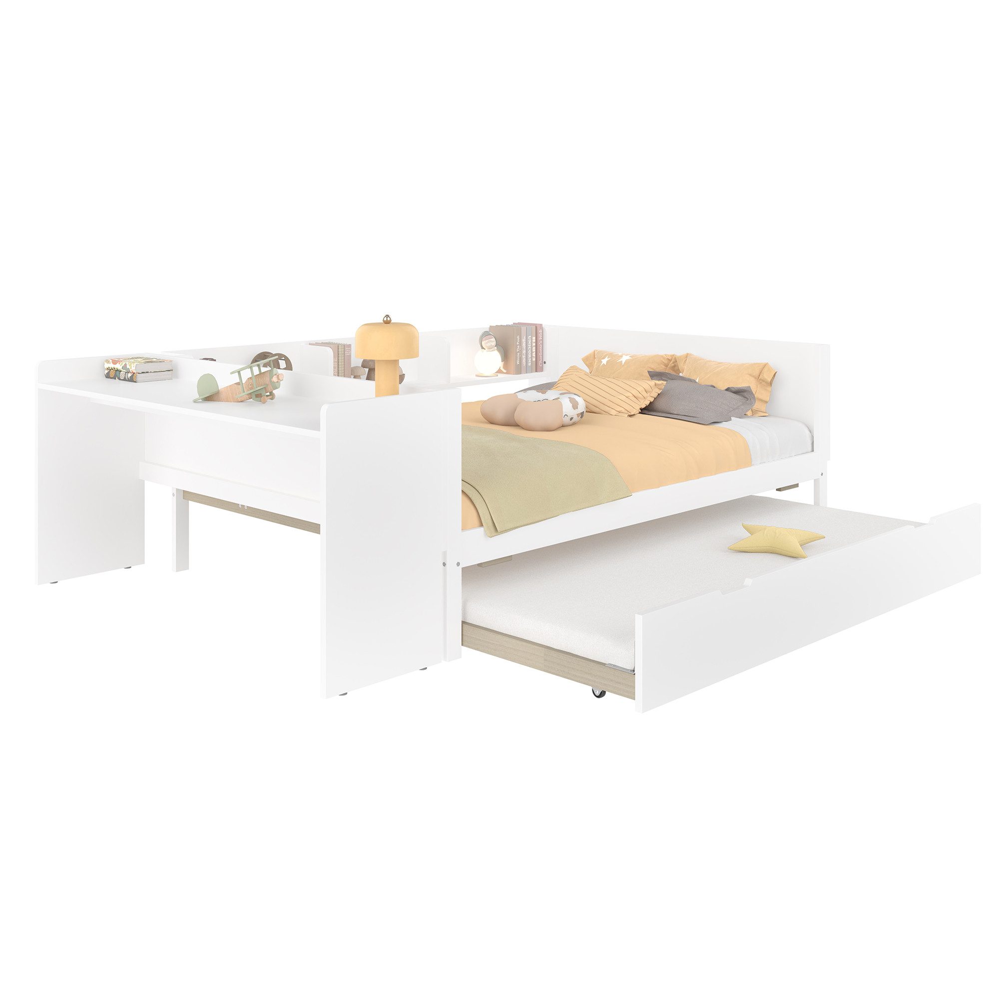 Odikalo Ausziehbett Daybett Flachbett Rollbett Schreibtisch Regalen Rosa/Weiss 140x200cm