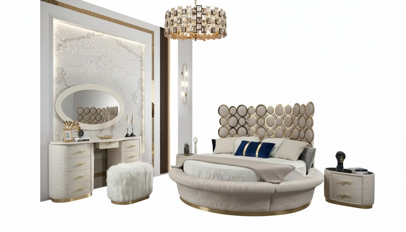 JVmoebel Rundbett Rundes Bett in Lederoptik mit elegantem Design für modernes Wohnen (1-tlg., Bett), Made in Europa