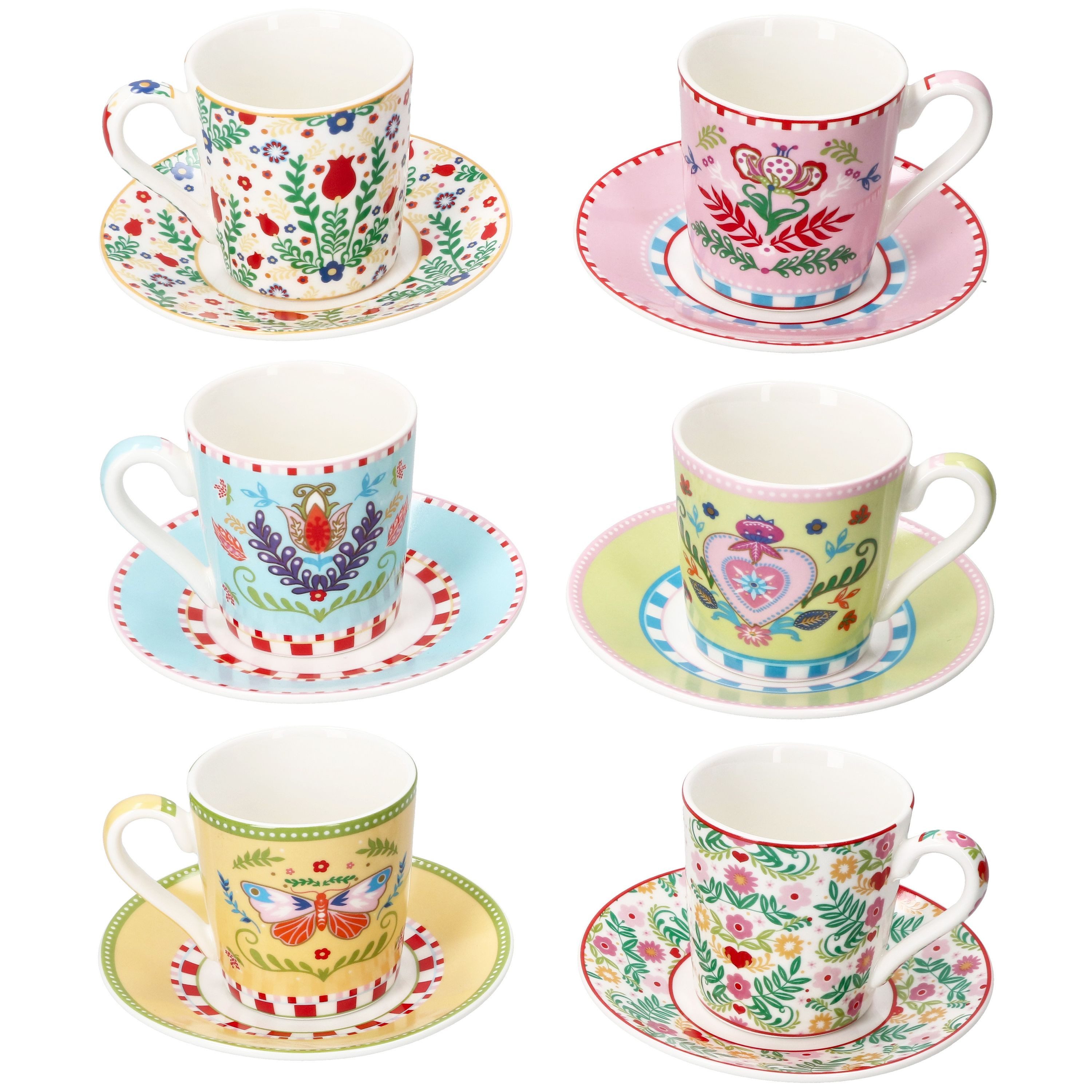 MamboCat Tasse Spring Folk 6er Set Espressotassen 80ml mit Untertassen Porzellan bunt, Porzellan