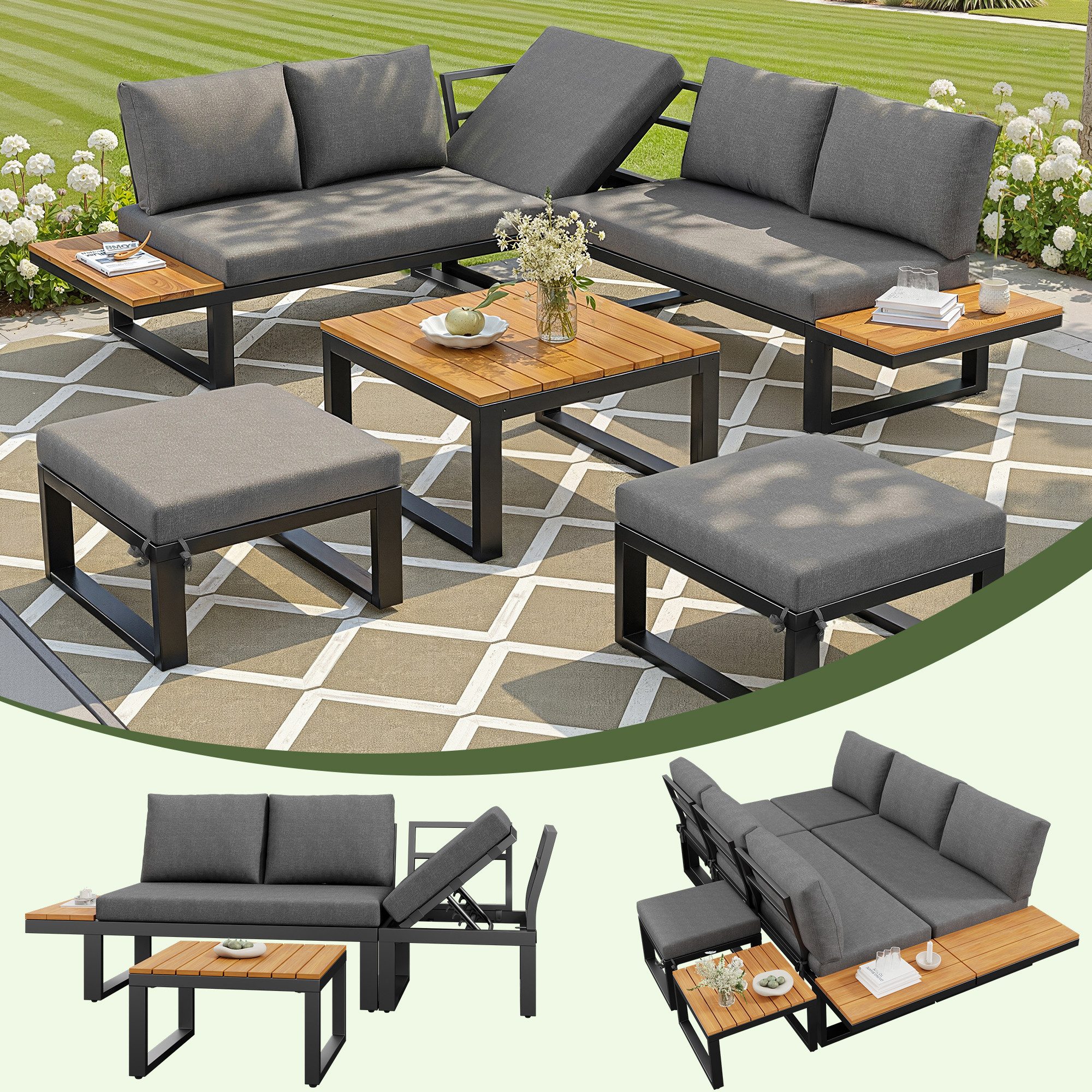 MC Star Gartenlounge-Set 6-teiliges Gartenlounge-Set mit verstellbarer Rückenlehne, (Ecksofa mit Couchtisch & Hockern, wetterfestes Stahlgestell, Sitzkissen in Grau/Beige, Outdoor Lounge für Balkon & Terrasse)