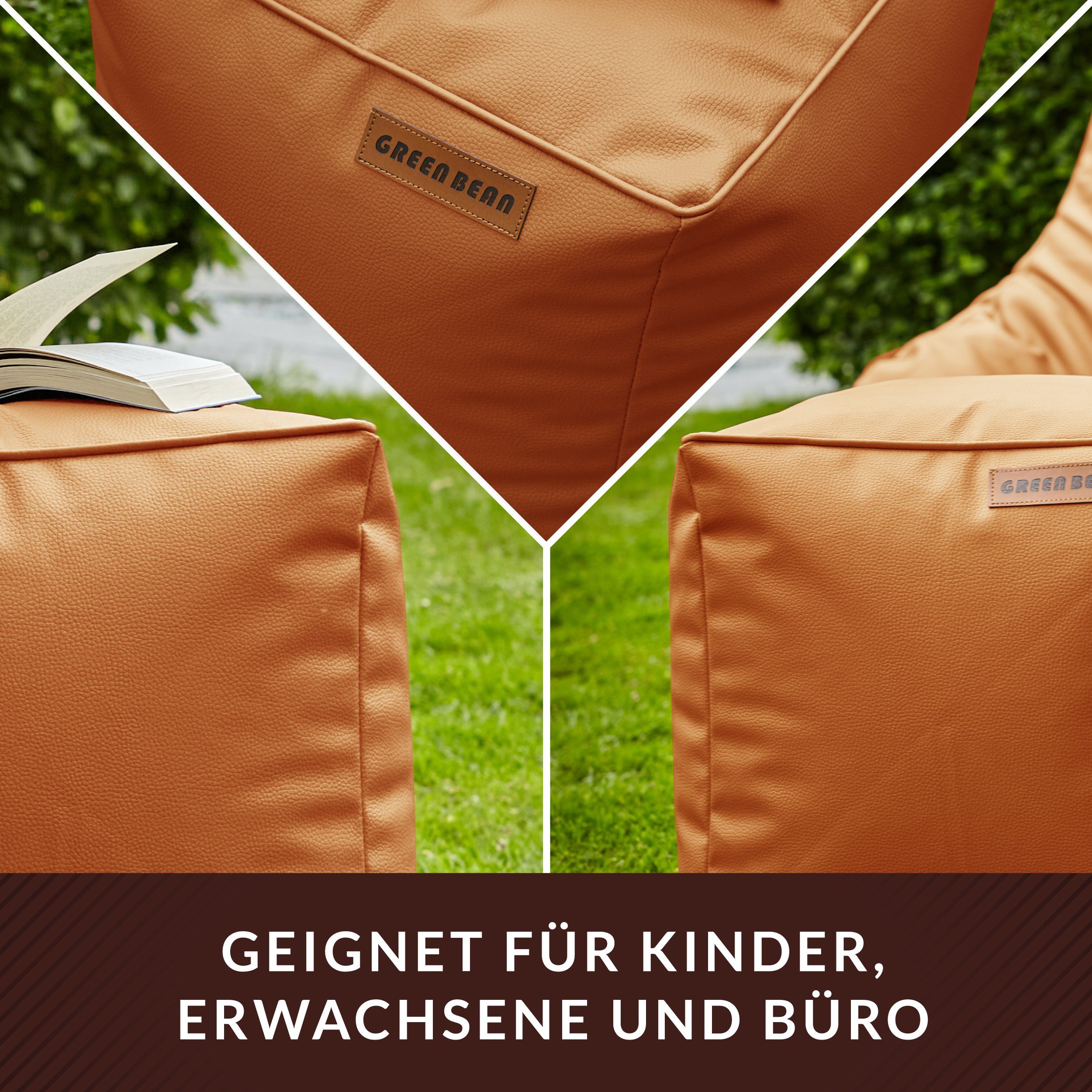 Füllung als Bezug, - EPS mit), Cognac & (Indoor Green Sitzsack abwaschbarer Kissen Lounge inklusive 180x140cm Pouf Cube Outdoor, ca. Set aus XXL Riesensitzsack Kunstleder Bean Couch Perlen