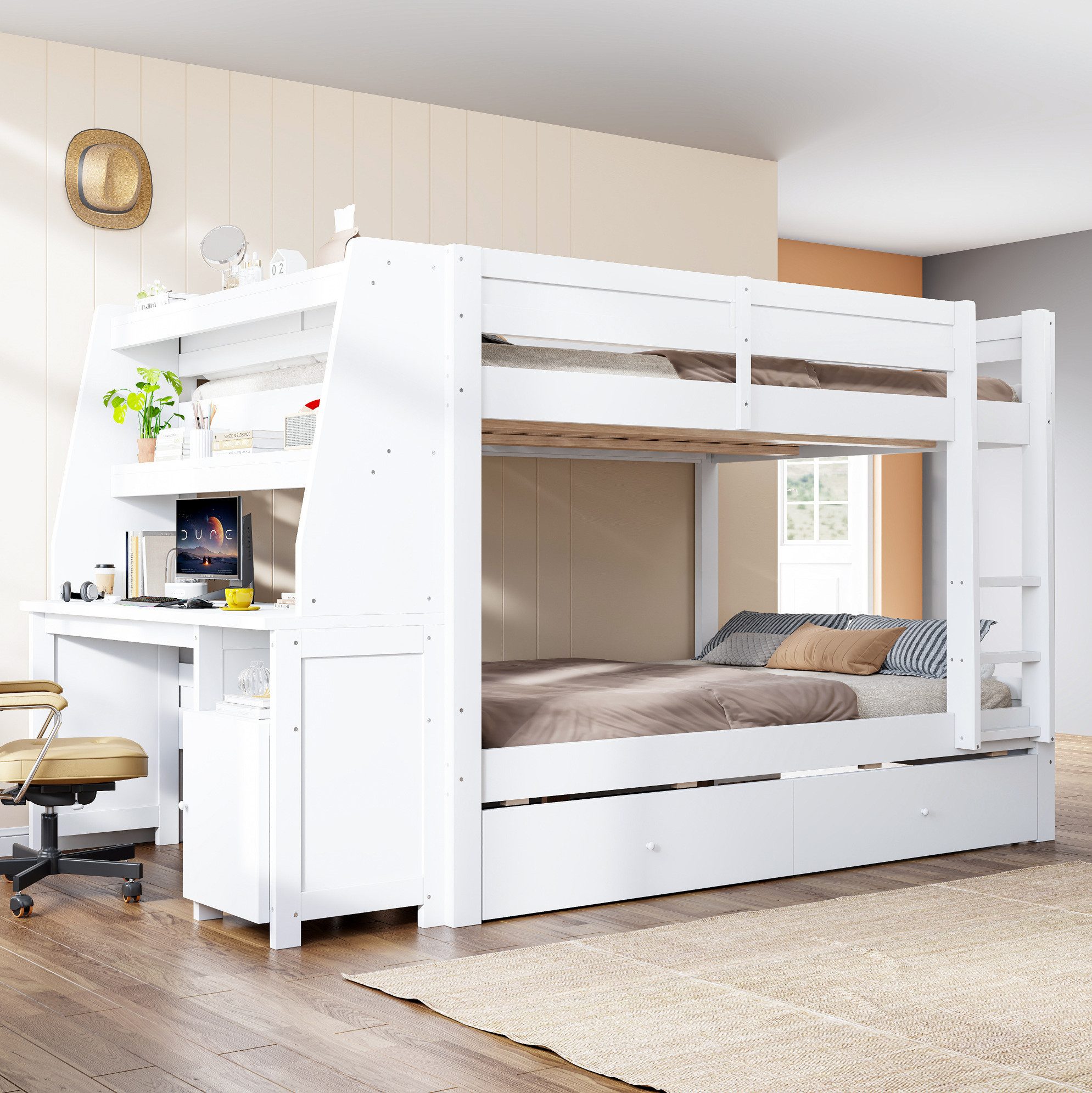 MODFU Etagenbett Kinderbett mit seitlichem Stauraumschrank links oder rechts montierbar (140x200cm, inklusive Schreibtisch, Schubladen und Ablagebereich, Funktionsbett Jugendbett), ohne Matratze
