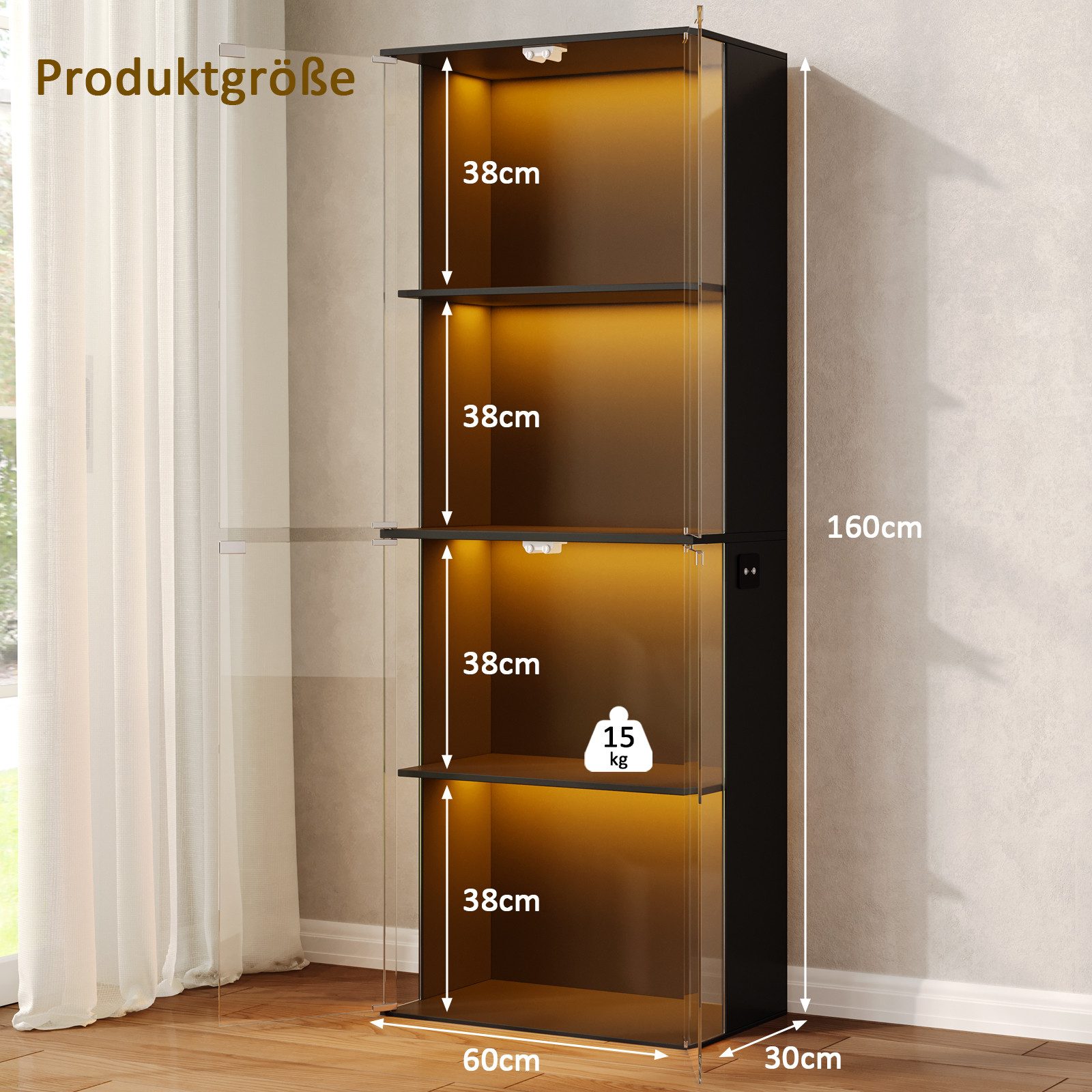 SVEYLXA Vitrine Moderne Vitrine mit LED Beleuchtung, 160 cm Hochschrank mit Glastüren (1-St) 4 Ebenen, Schwarz/Weiß – Bild 3 von 5