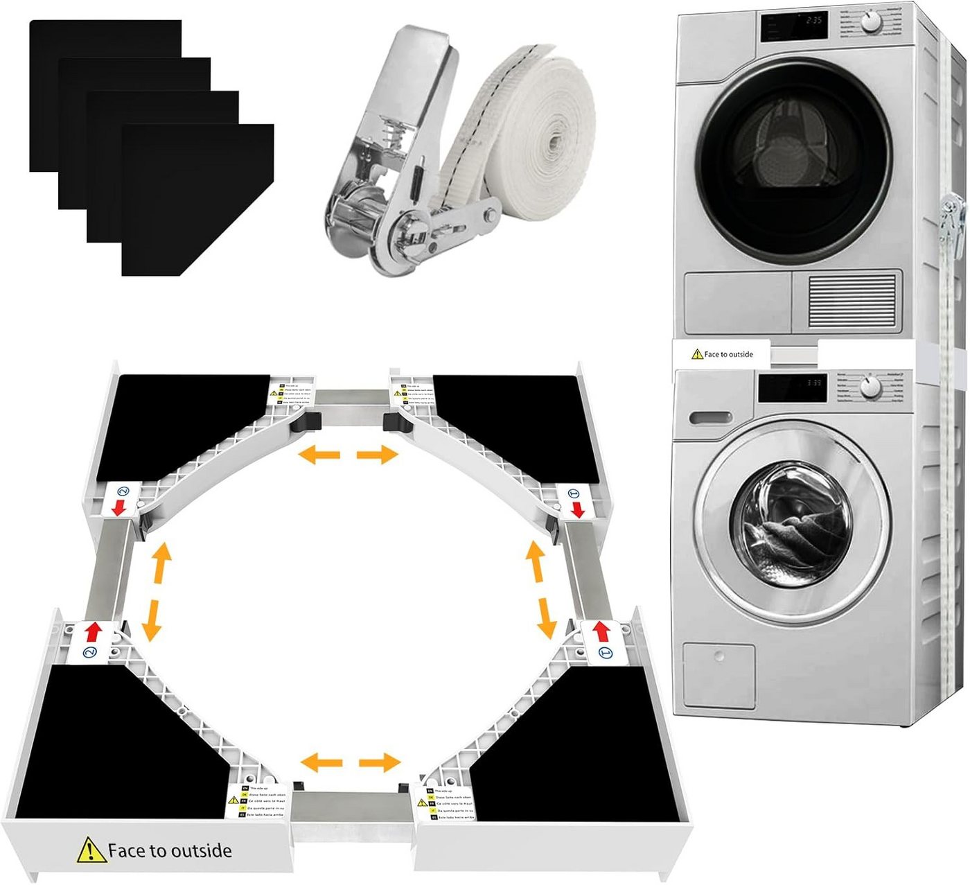 YVMOOEC Zwischenbaurahmen Universal Stapelset als Zwischenbaurahmen für Waschmaschine & Trockner (Set, 1-St., Platzsparend stapeln, schnell montiert, kein Bohren nötig), Für Waschmaschine & Trockner, 46–66 cm, mit Anti Vibration