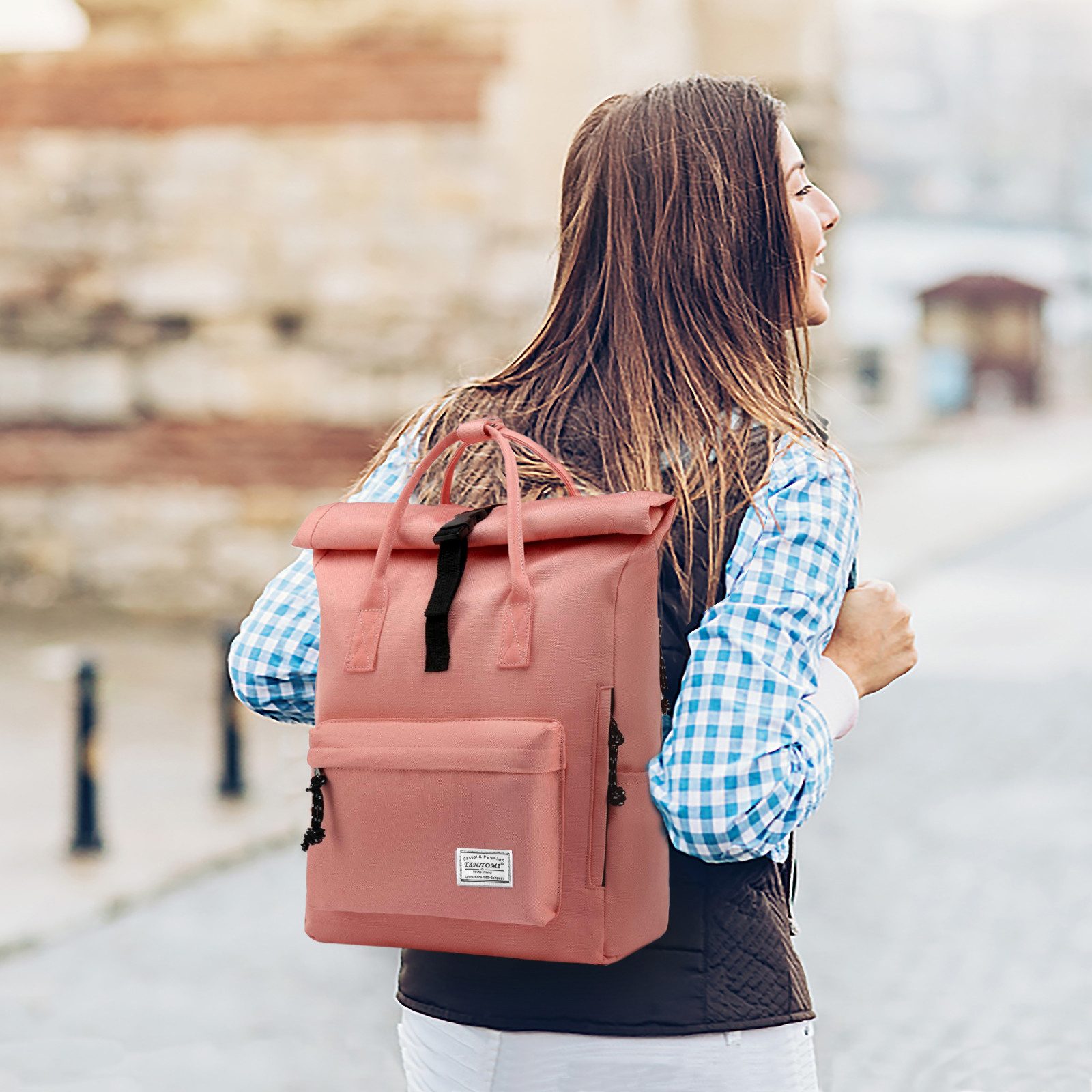 TAN.TOMI Cityrucksack Rucksack Damen Herren Tagesrucksack mit Laptopfach, Modern Rolltop Rucksack Daypack, Wasserabweisend
