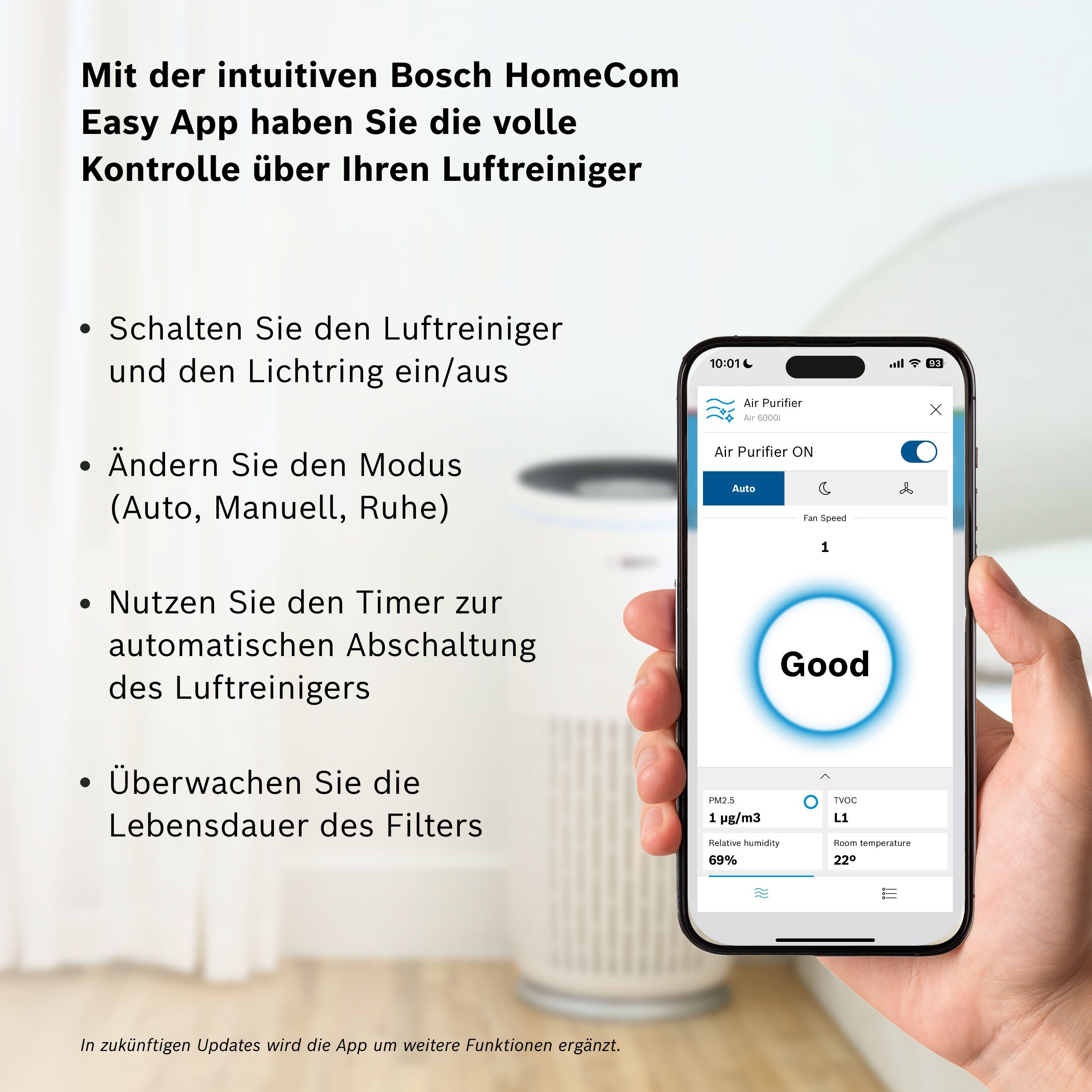 BOSCH Luftreiniger Air 6000i, leistungsstark und mit App-Steuerung, für 125 m² Räume, mit 4-in-1 Luftfilter und Temperatur- und Luftfeuchtigkeits-Sensor – Bild 4 von 5