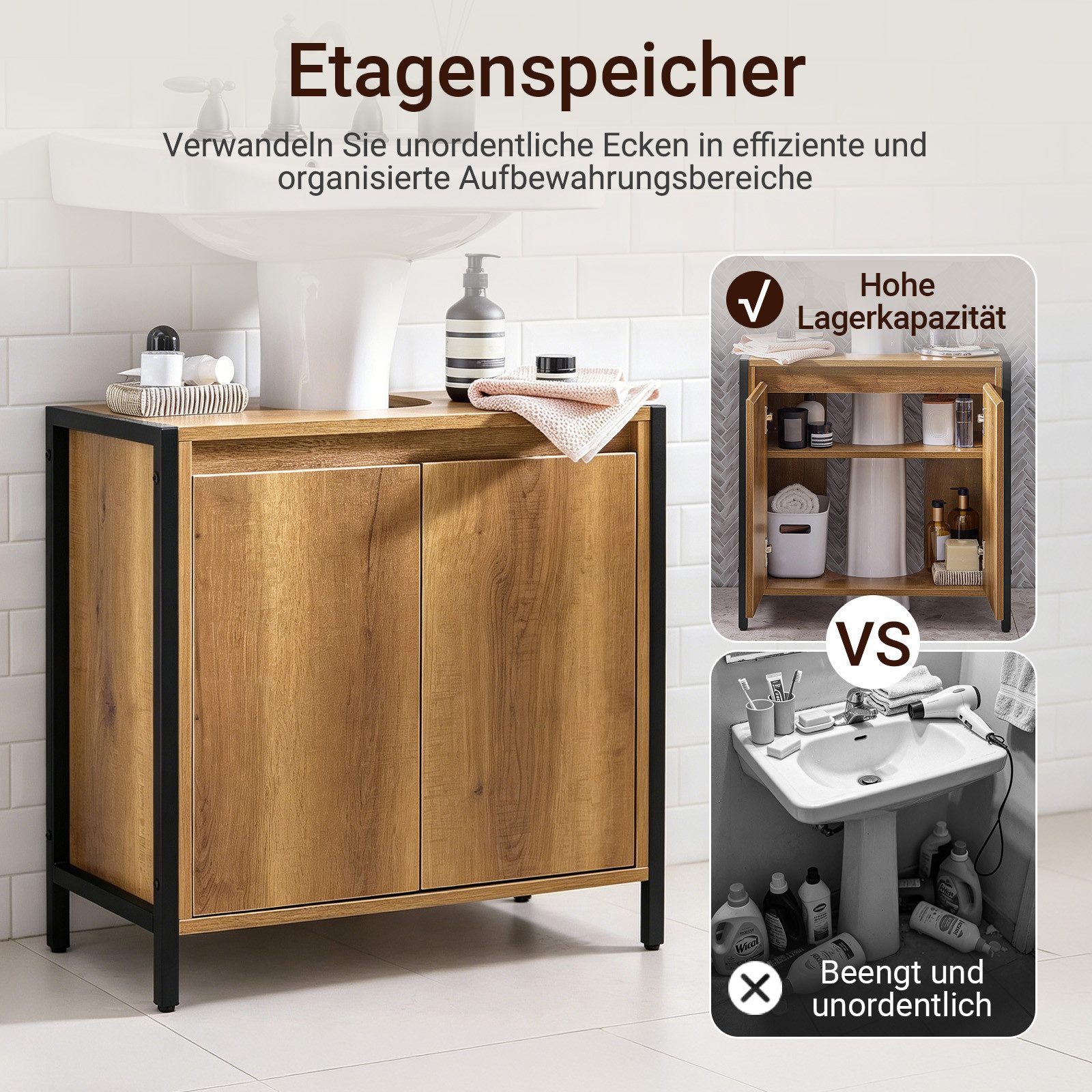 SoBuy Waschbeckenunterschrank BZR63, Waschtischunterschrank Badunterschrank, Industrial-Stil Badschrank Waschtisch Unterschrank Badmöbel Vintage – Bild 5 von 5