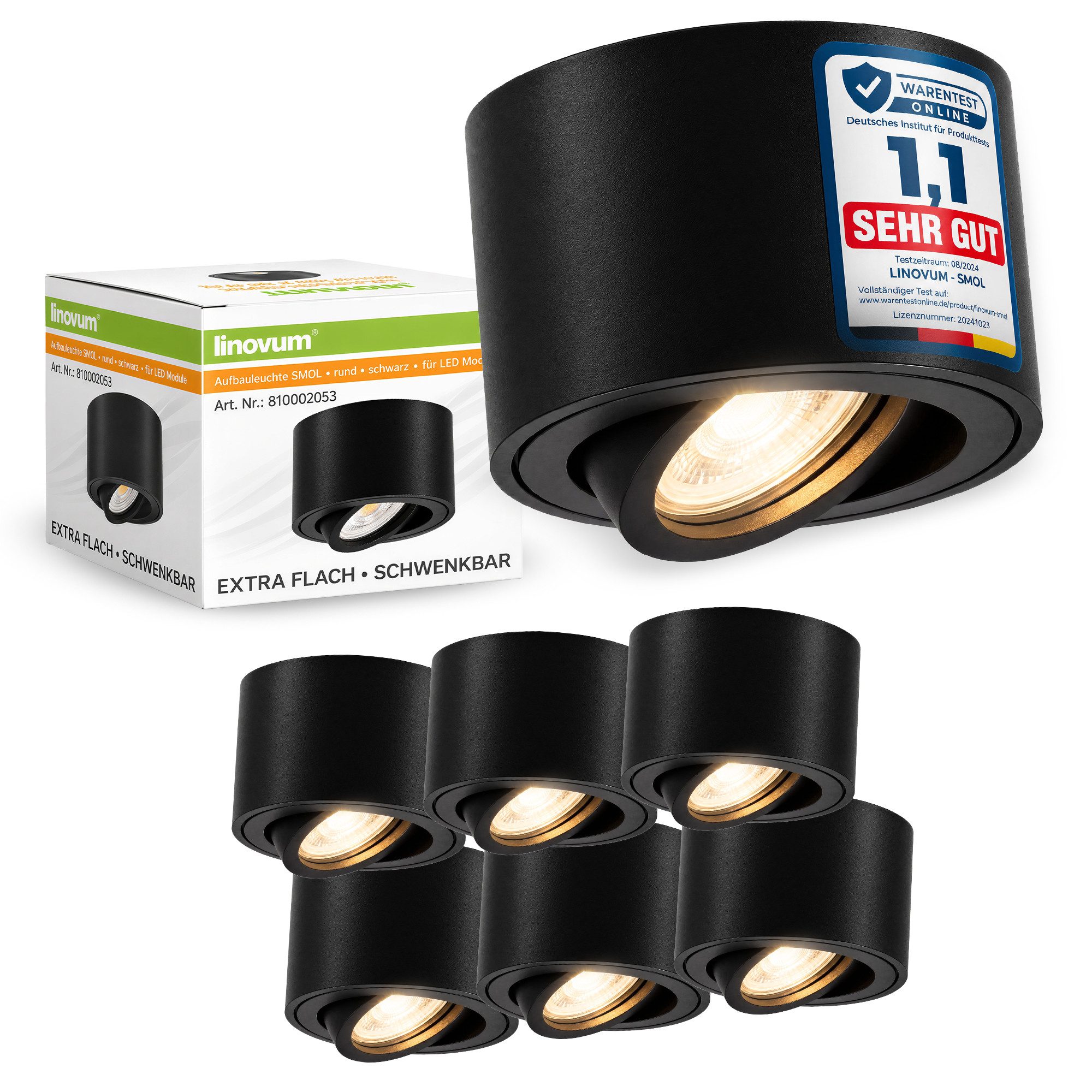 linovum LED Aufbaustrahler 6x Aufbauleuchte SMOL schwenkbar Schwarz LED 4W warmweiß Deckenspot, Warmweiß