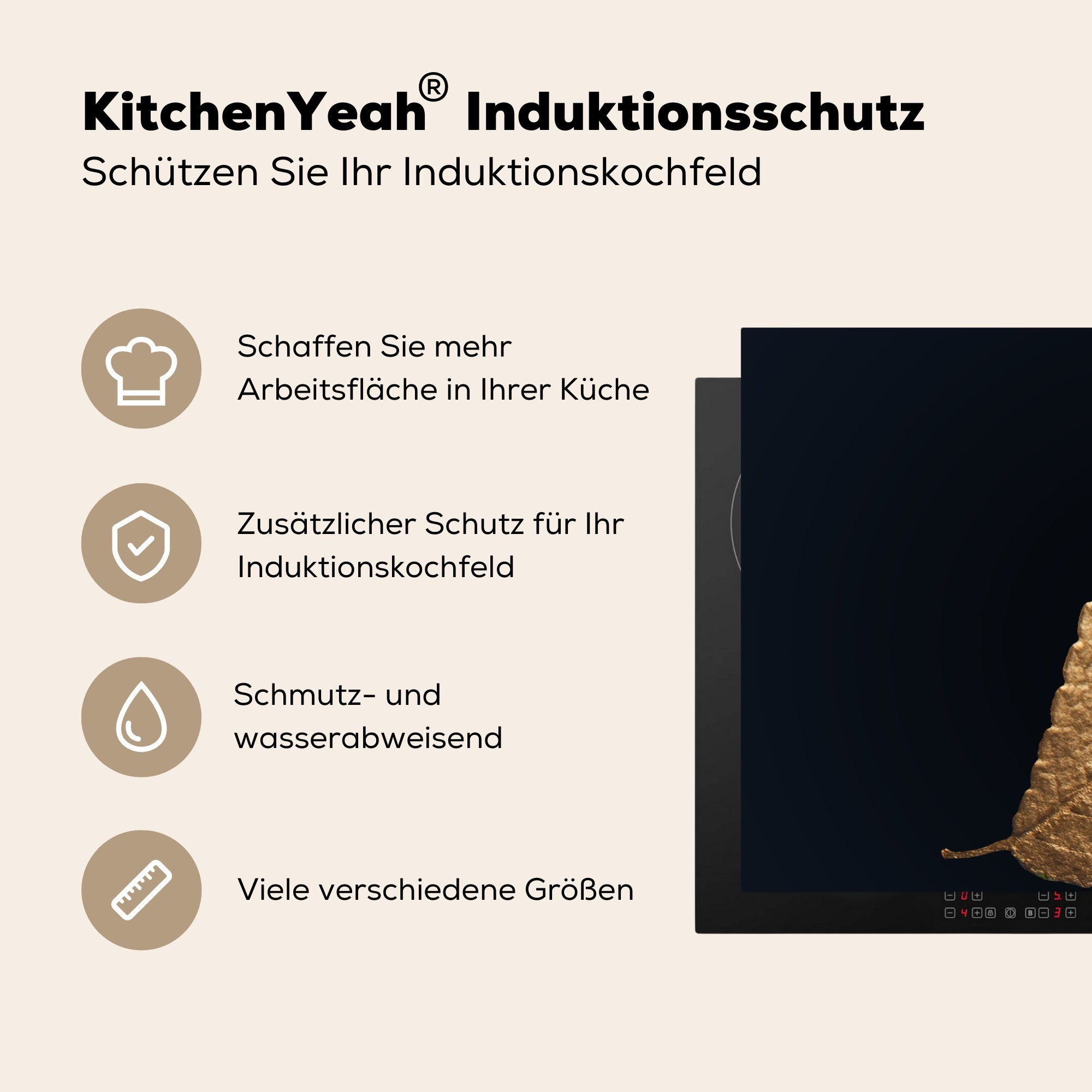 Blätter 81x52 küche, Vinyl, Schwarz Natur, - - cm, Luxus Schutz Gold MuchoWow (1 Ceranfeldabdeckung für die Herdblende-/Abdeckplatte Pflanzen - - tlg), - Induktionskochfeld