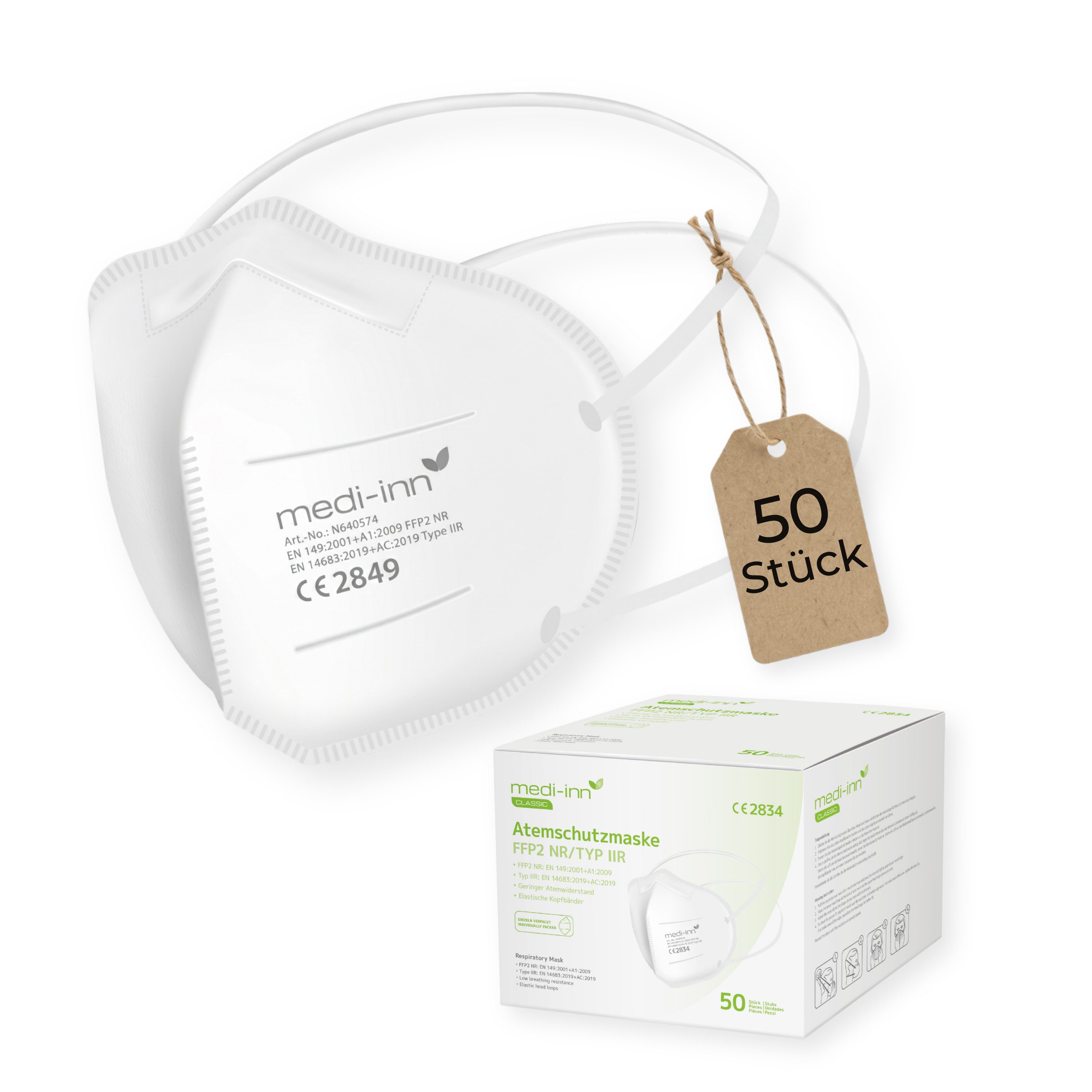 Medi-Inn CLASSIC Filtrierende Halbmasken FFP2 Atemschutzmasken FFP2 NR, Typ IIR, 3-lagig, weiß, 50-St.