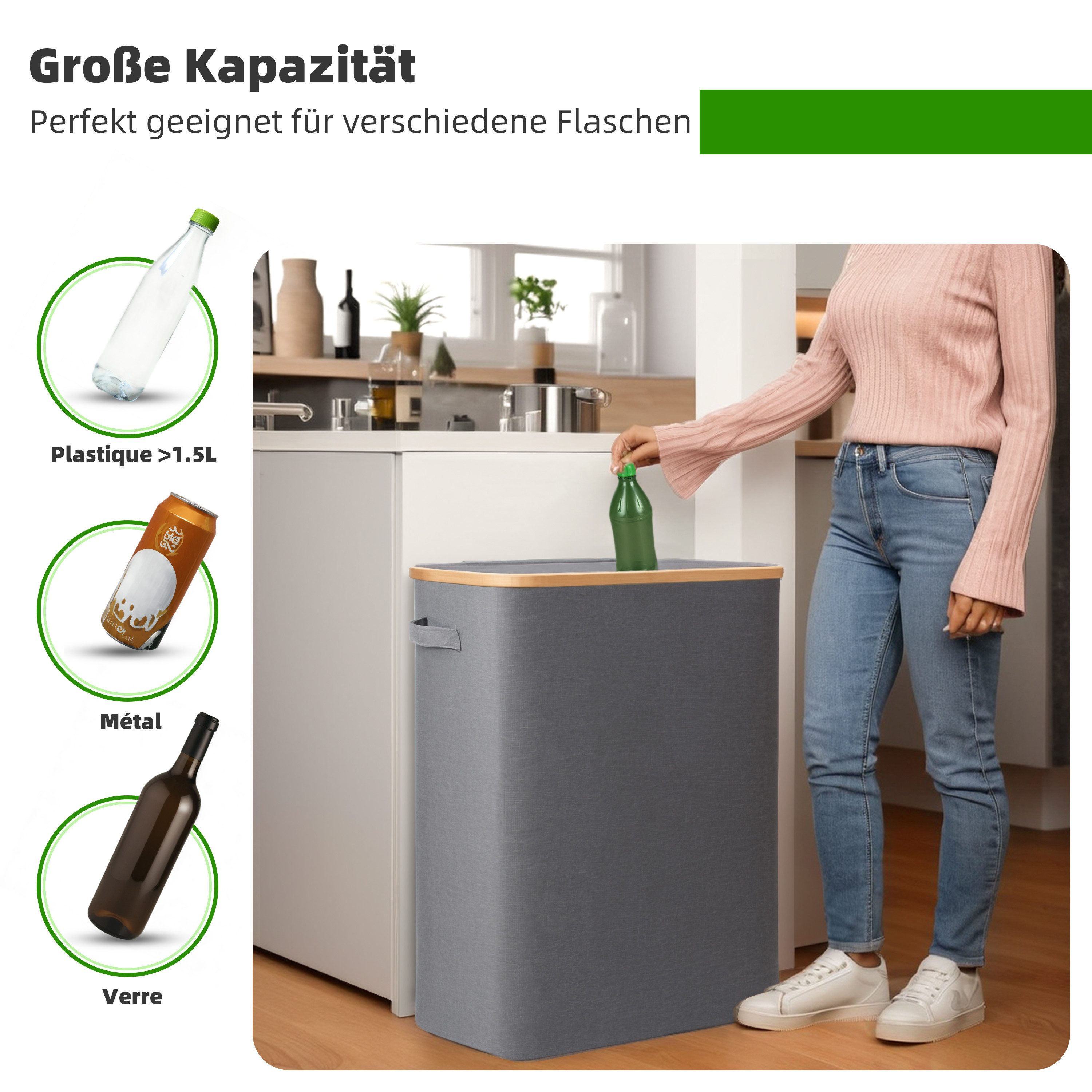 Zedelmaier Fangsack Pfandflaschen Auffangbehälter mit Deckel und XXL Tragetaschen, für Recycling, großes Fassungsvermögen für die Aufbewahrung, 140 l