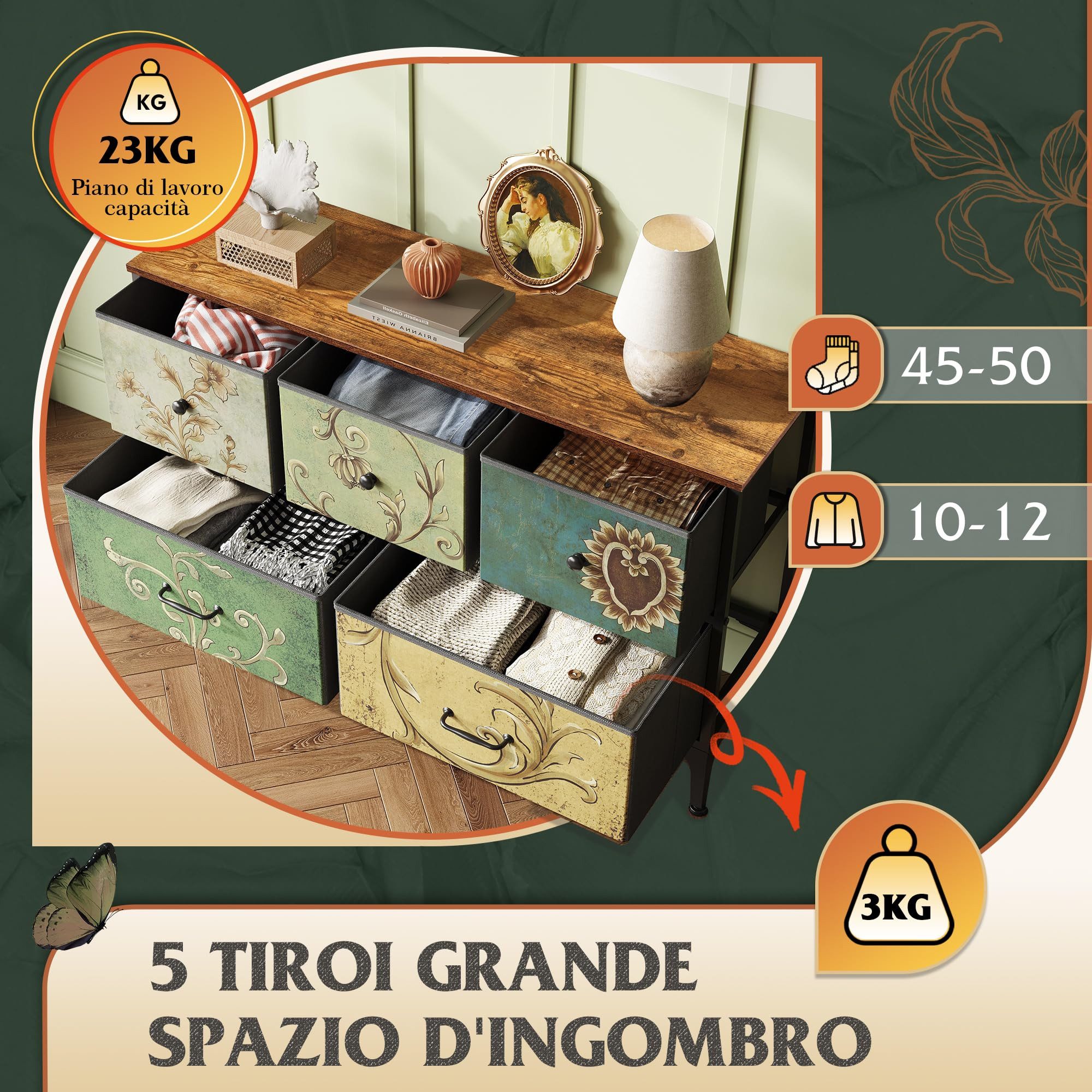 WLIVE Kommode Kommode mit Schubladen aus Stoff, Boho Vintage Schubladenschrank (Wohnzimmer & Flur, Holzoptik & Stoffschubladen, 5), dekorativer Aufbewahrungsschrank