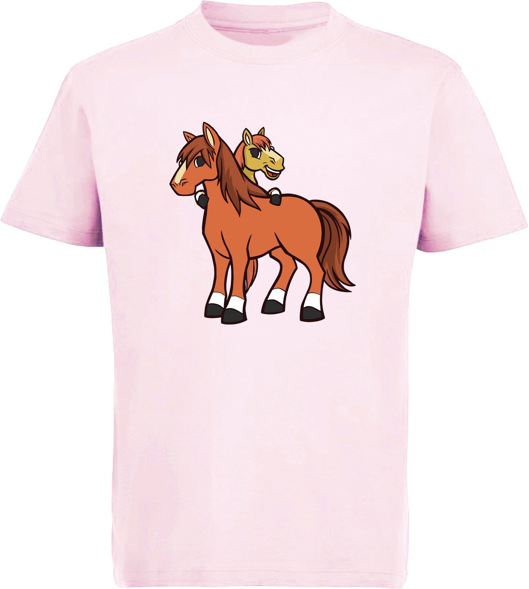 MyDesign24 T-Shirt Kinder Pferde Print Shirt bedruckt - 2 cartoon Pferde Baumwollshirt mit Aufdruck, i251 rosa