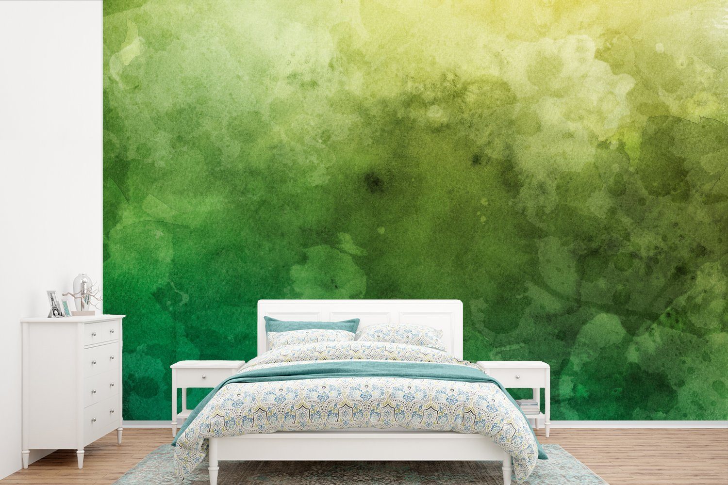 MuchoWow Fototapete Aquarell - Flecken - Grün, Matt, bedruckt, (6 St), Wallpaper für Wohnzimmer, Schlafzimmer, Kinderzimmer, Vinyl Tapete