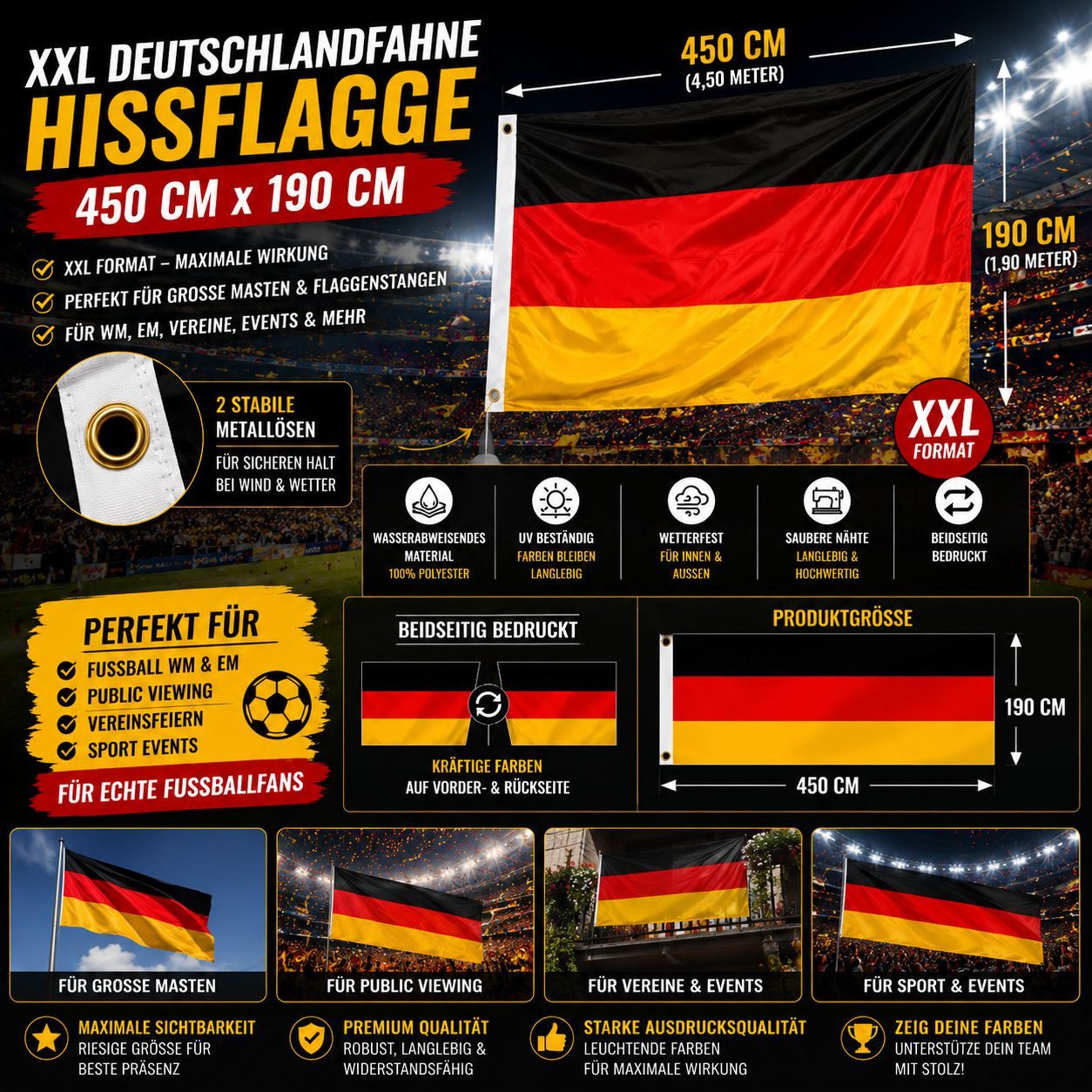 Taffstyle Flagge Deutsche Fahne Hissflagge 2 Metallösen XXL Deutschland 450cm x 190cm (Große Deutschland Fahne mit Metallösen für WM EM und Public Viewing), Deutschlandfahne EM WM Fanartikel Flagge Basketball Handball Fussball