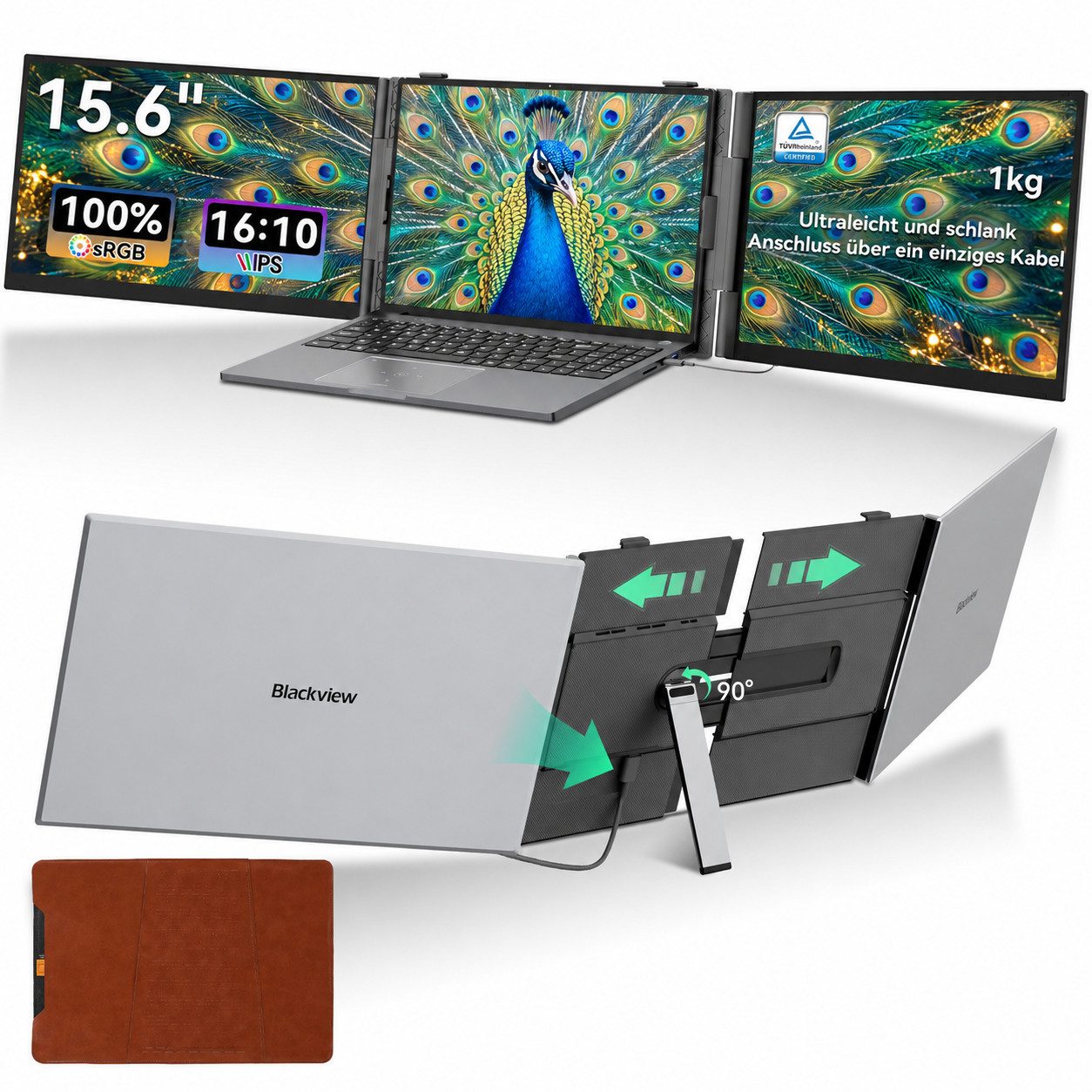 blackview D8 Pro 15,6" FHD, Dual-Screen Tragbarer Monitor, Nur ein Kabel, für Notebook (1kg, 16:10, 14-17,3 Zoll & …