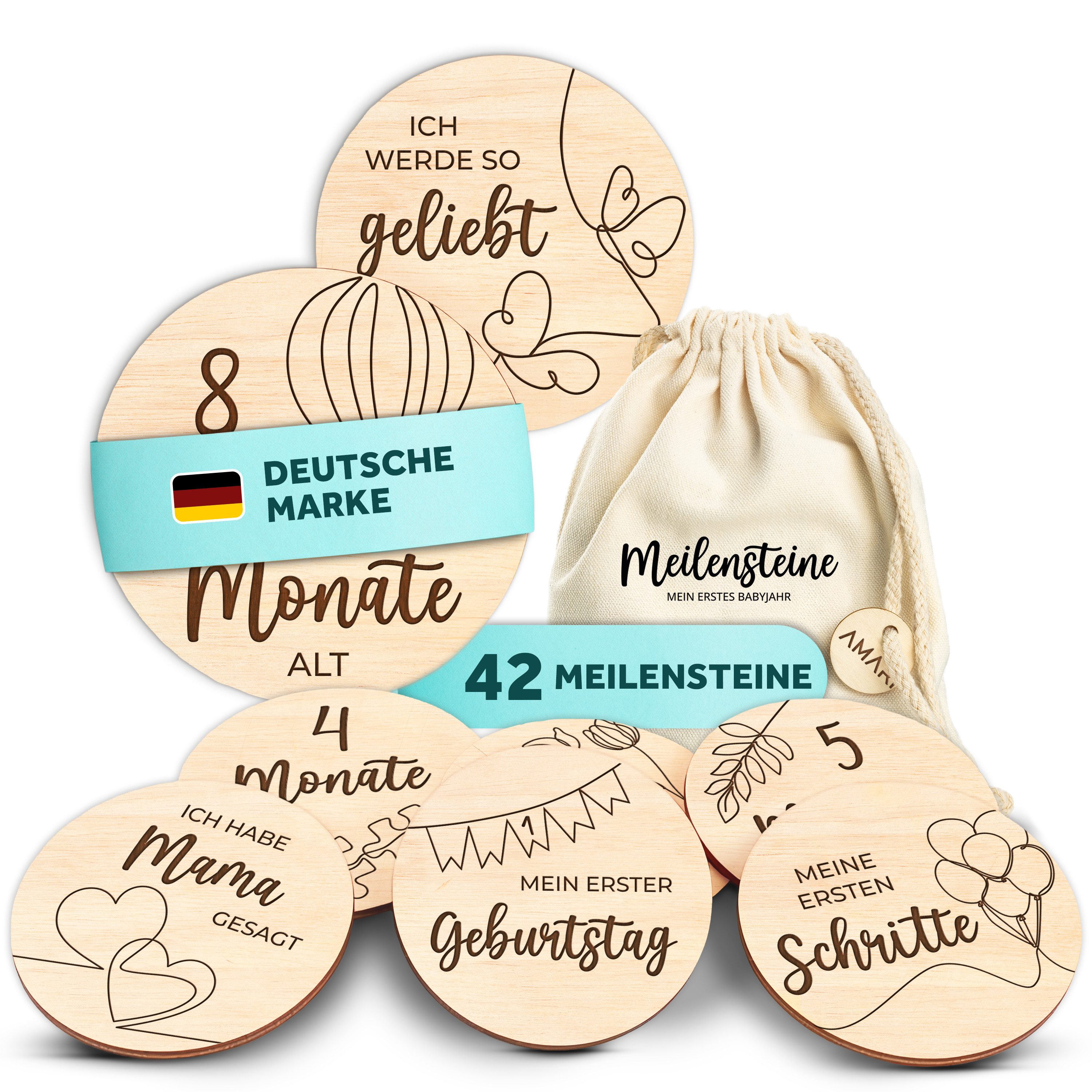 Amari Geschenkbox 42 Meilensteinkarten Baby aus Holz inkl. Aufbewahrungssäckchen, Geschenk zur Geburt, Meilensteine Geschenkset, Lasergravur