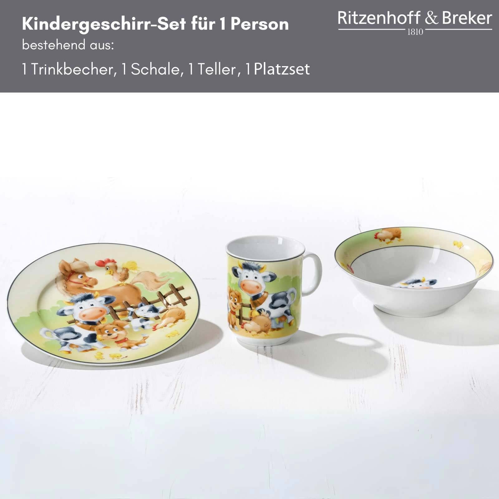Ritzenhoff & Breker Kindergeschirr-Set Hoftiere Kindergeschirr mit Platzset (4-tlg), Porzellan