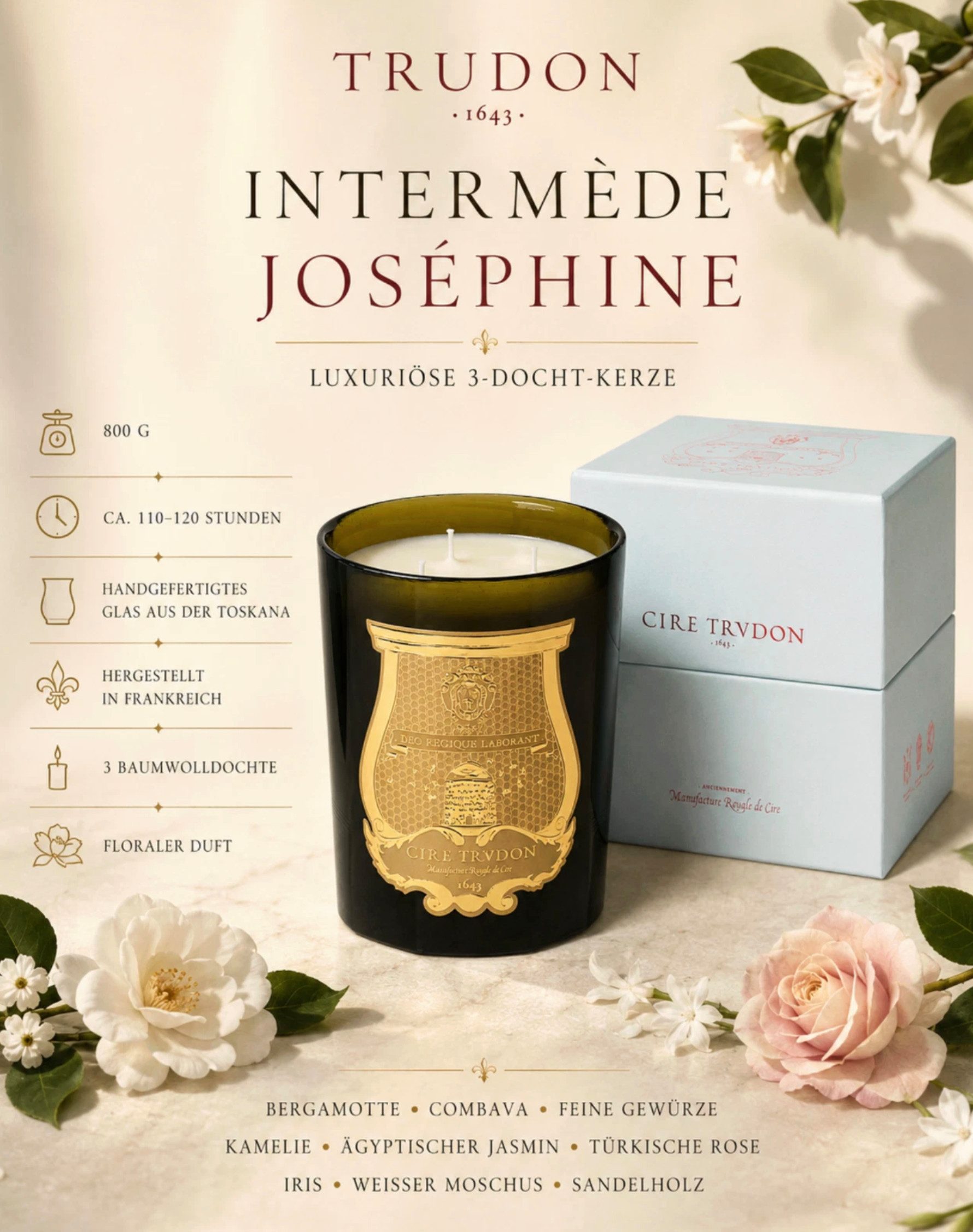 Cire Trudon Duftkerze Josephine Schloss Versailles Duft Kerze 120 Std Brenndauer 800g (1-tlg), Handgefertigtes Glas aus der Toskana
