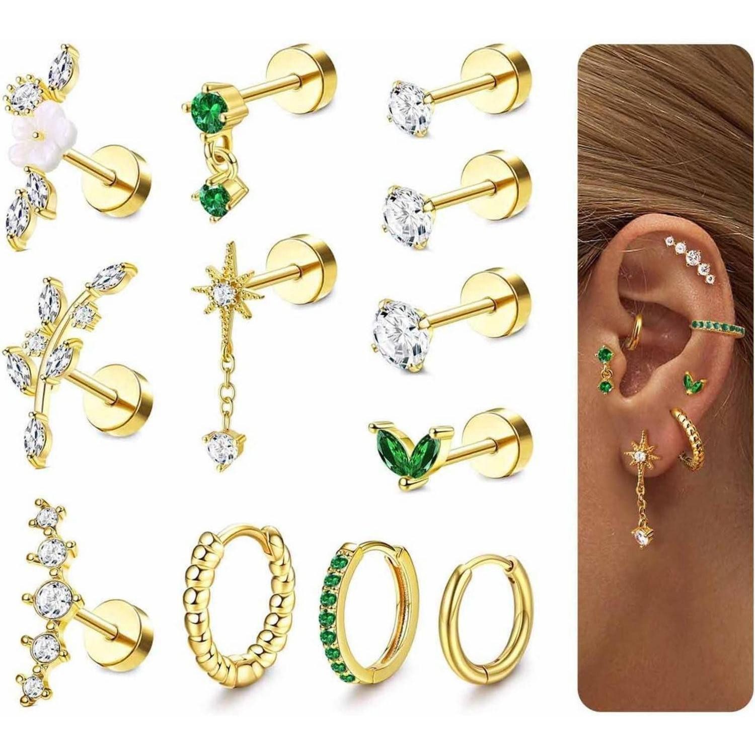 Piercing-Set Piercings 12er Set Helix Tragus Conch Ohrstecker CZ Gold-grüncz