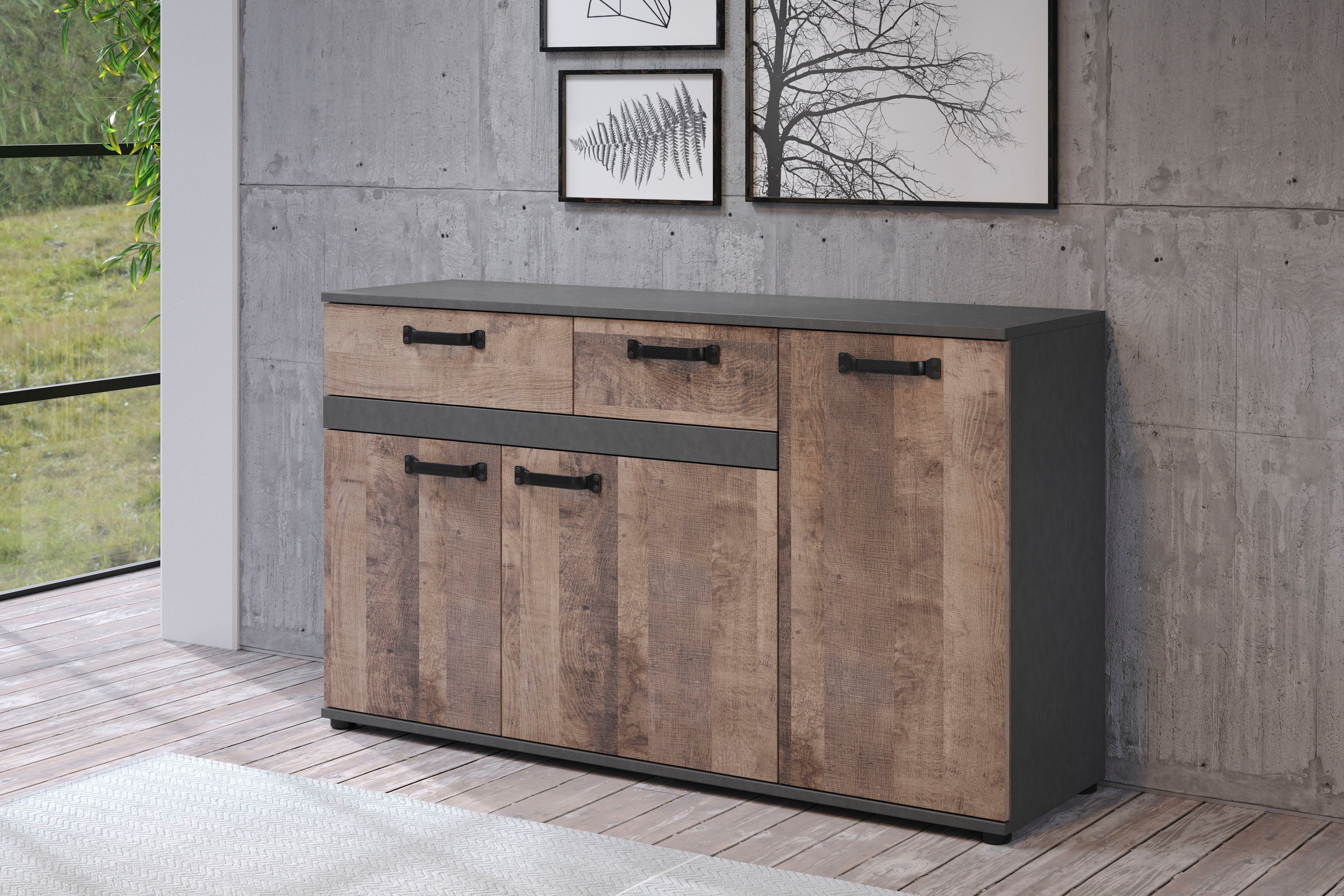 trendteam Sideboard Stripe, Rustikale Kommode mit 2 Schubladen und 7 Fächer günstig online kaufen