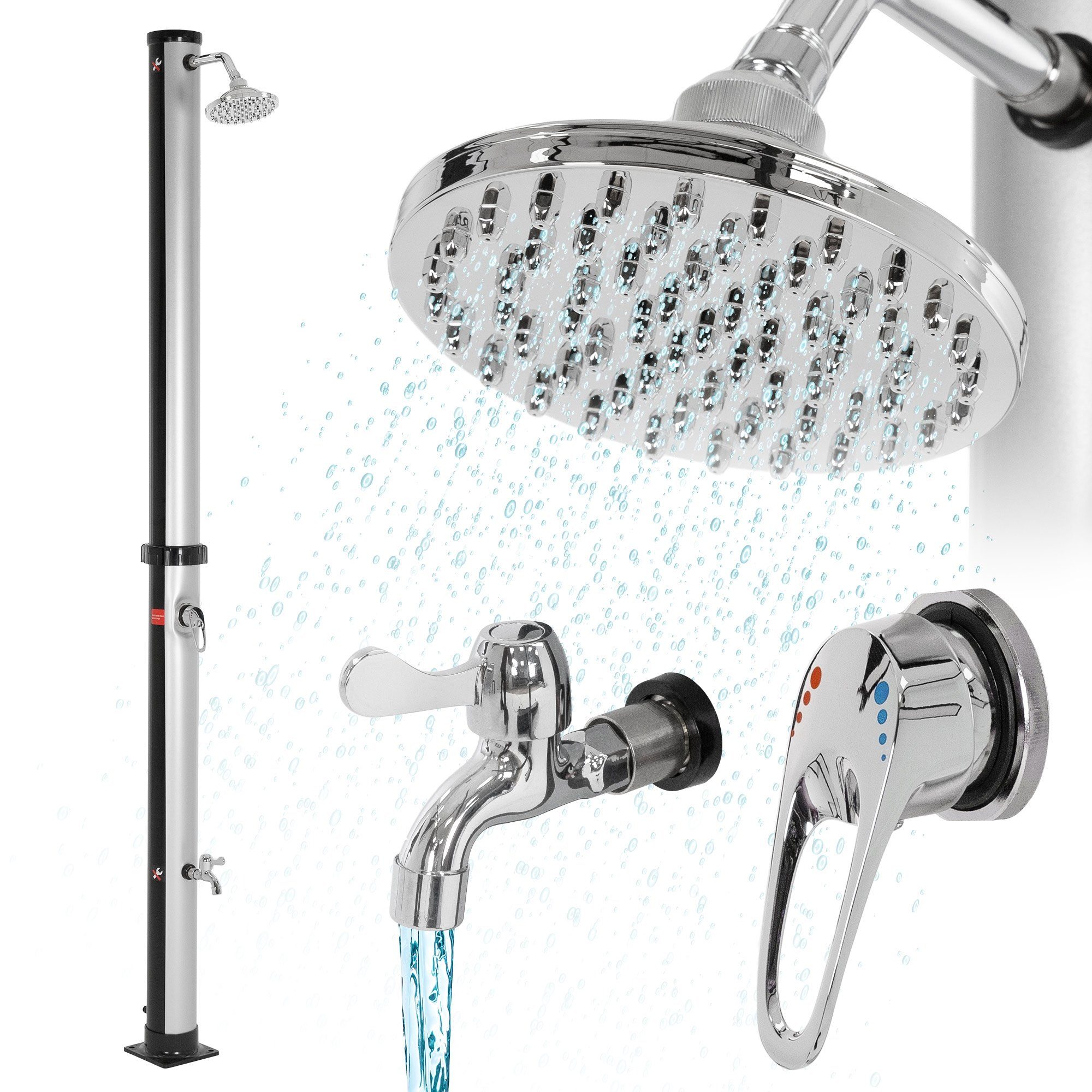 ML-DESIGN Solardusche Gartendusche Außendusche Pooldusche Regendusche bis 60°C ohne Strom (1 St), 20L rund Silber mit Fußdusche und Regenduschkopf warmes Wasser 210cm