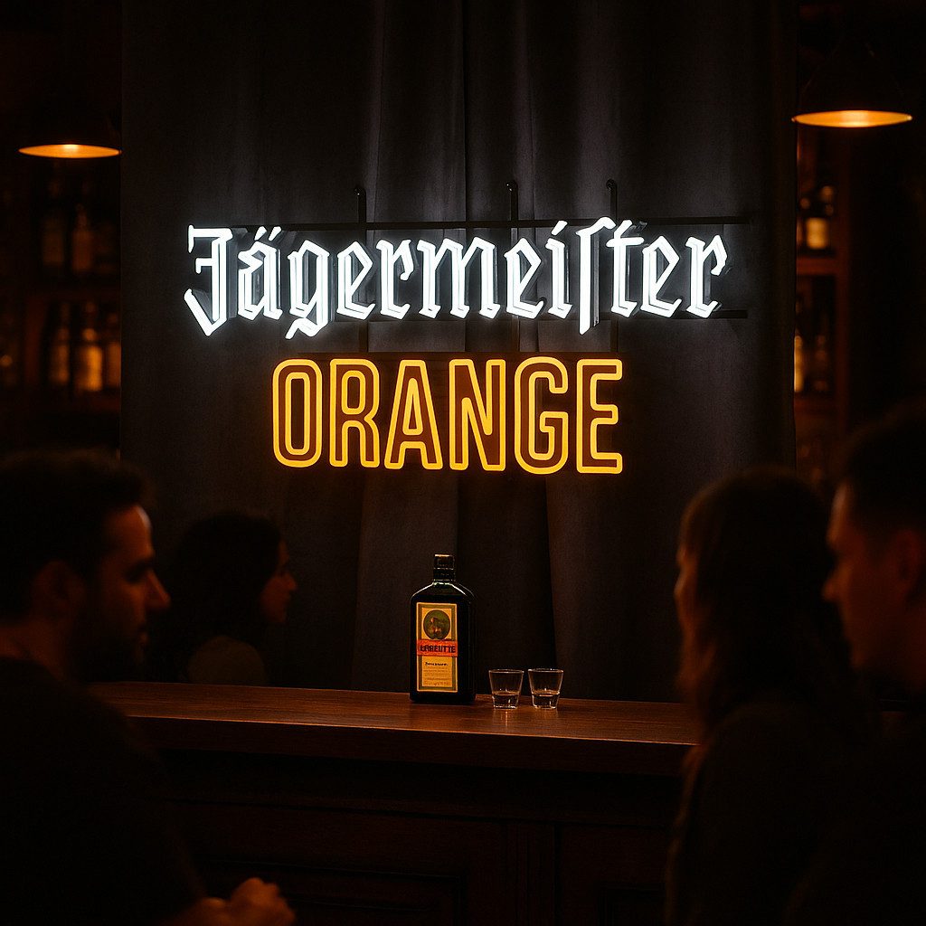 Jägermeister Gläser-Set Jägermeister Neon-Leuchtschild mit Orange-Schriftzug – LED Wanddek