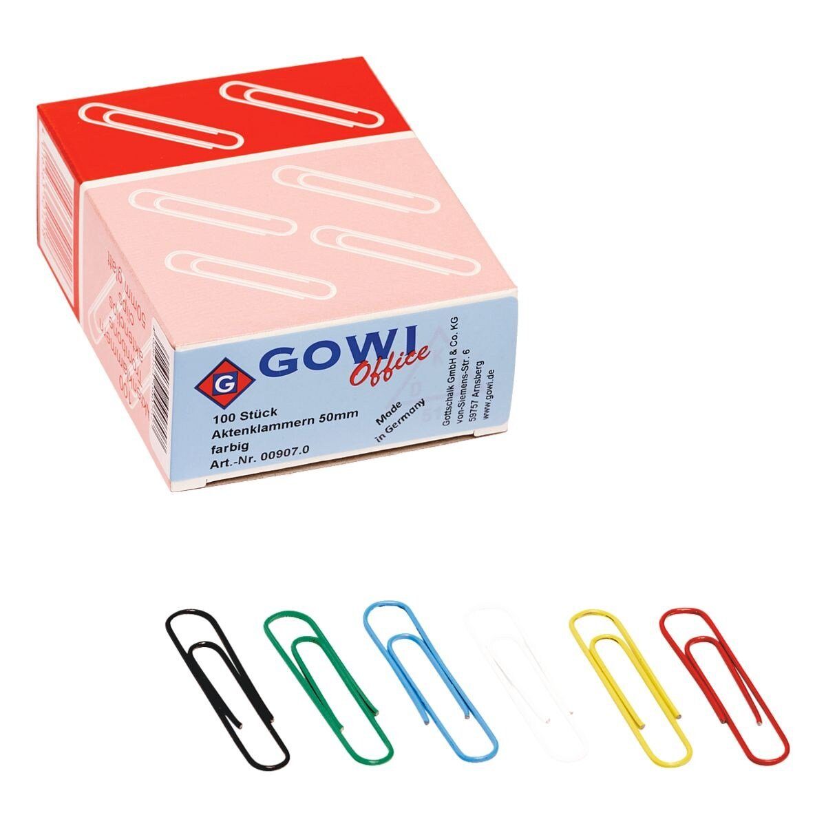 GOWI Büroklammer, 50 mm, mehrfarbig mit Kunststoffüberzug, rund, 100 Stück