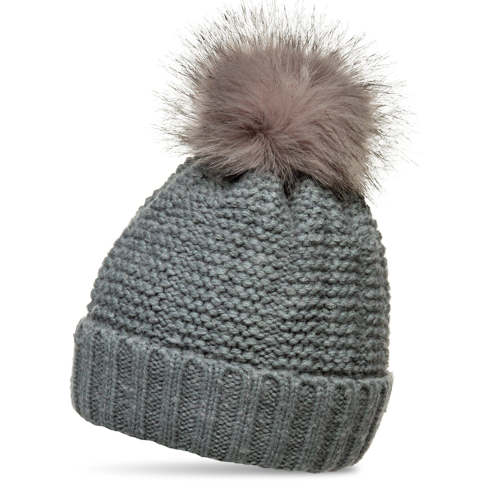 Bommelmütze MU197 Damen Strickmütze mit XL Kunstfell Bommel