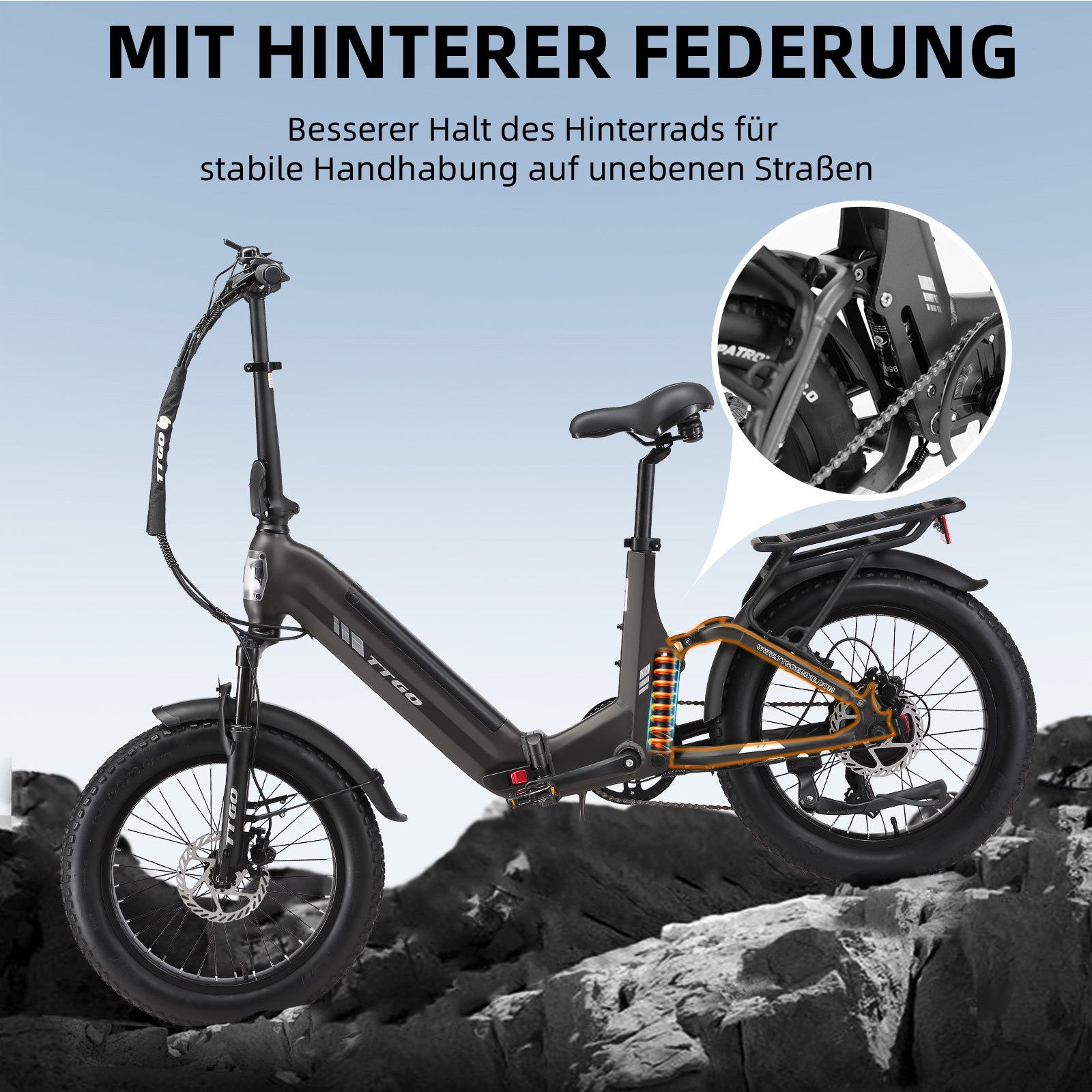 TTGO E-Bike Klapprad 20 Zoll, Vollfederung, 70Nm, Drehmomentsensor, Lockout-Federgabel, 7 Gang SHIMANO, Kettenschaltung, Heckmotor, 720 Wh, (Softtail, hydr. Scheibenbremse, mit Bremslicht), F7, Fully, 100-120km, max.150kg, Elektrofahrrad für Damen Herren