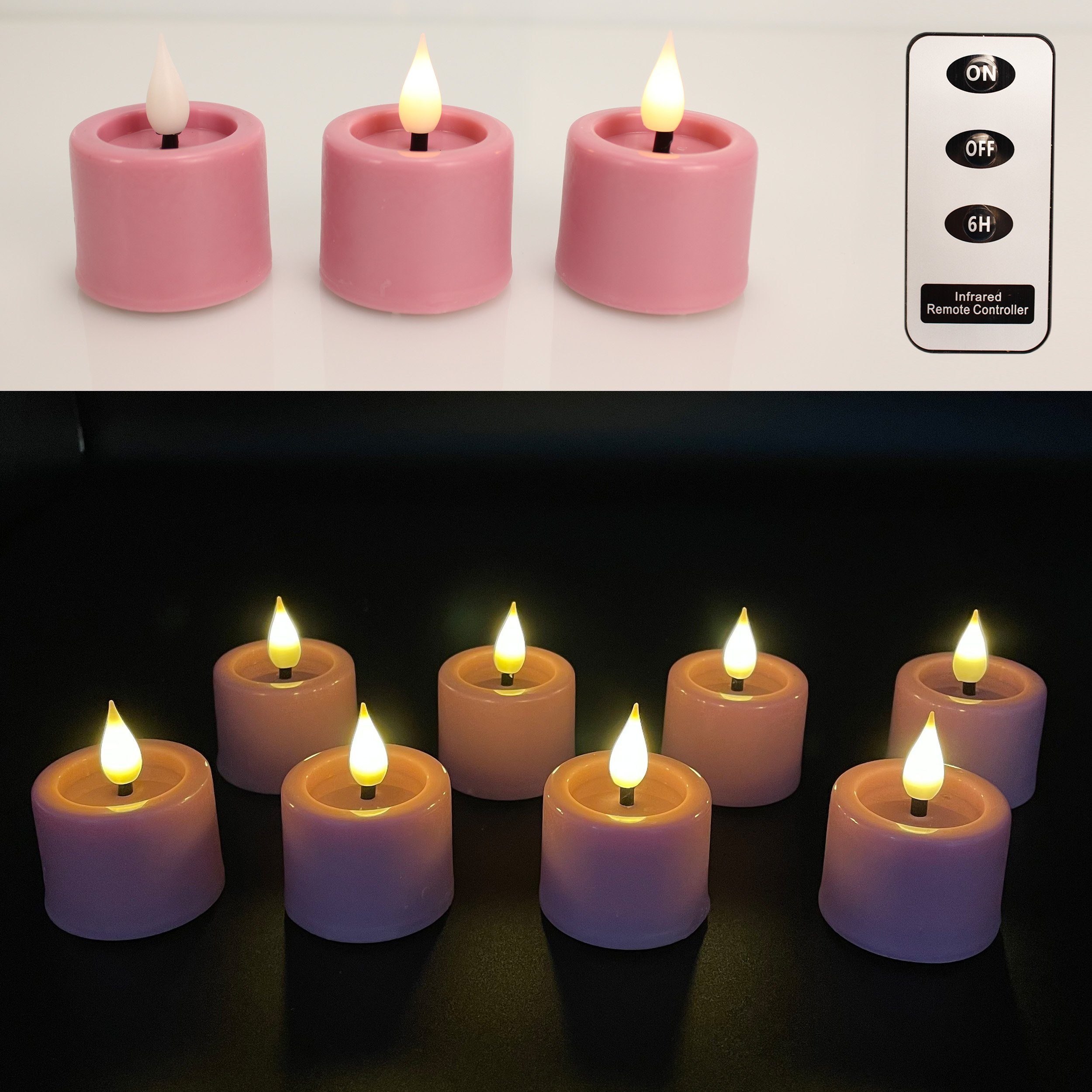 Online-Fuchs LED-Kerze 6er Set LED Teelichter mit spiegelnder Flamme, Fernbedienung und Timer (mit Echtwachs überzogen, Creme, Weiß, Rot, Grün, Lila), 4 cm Durchmesser, 6 cm hoch mit realistischer Flamme - 255