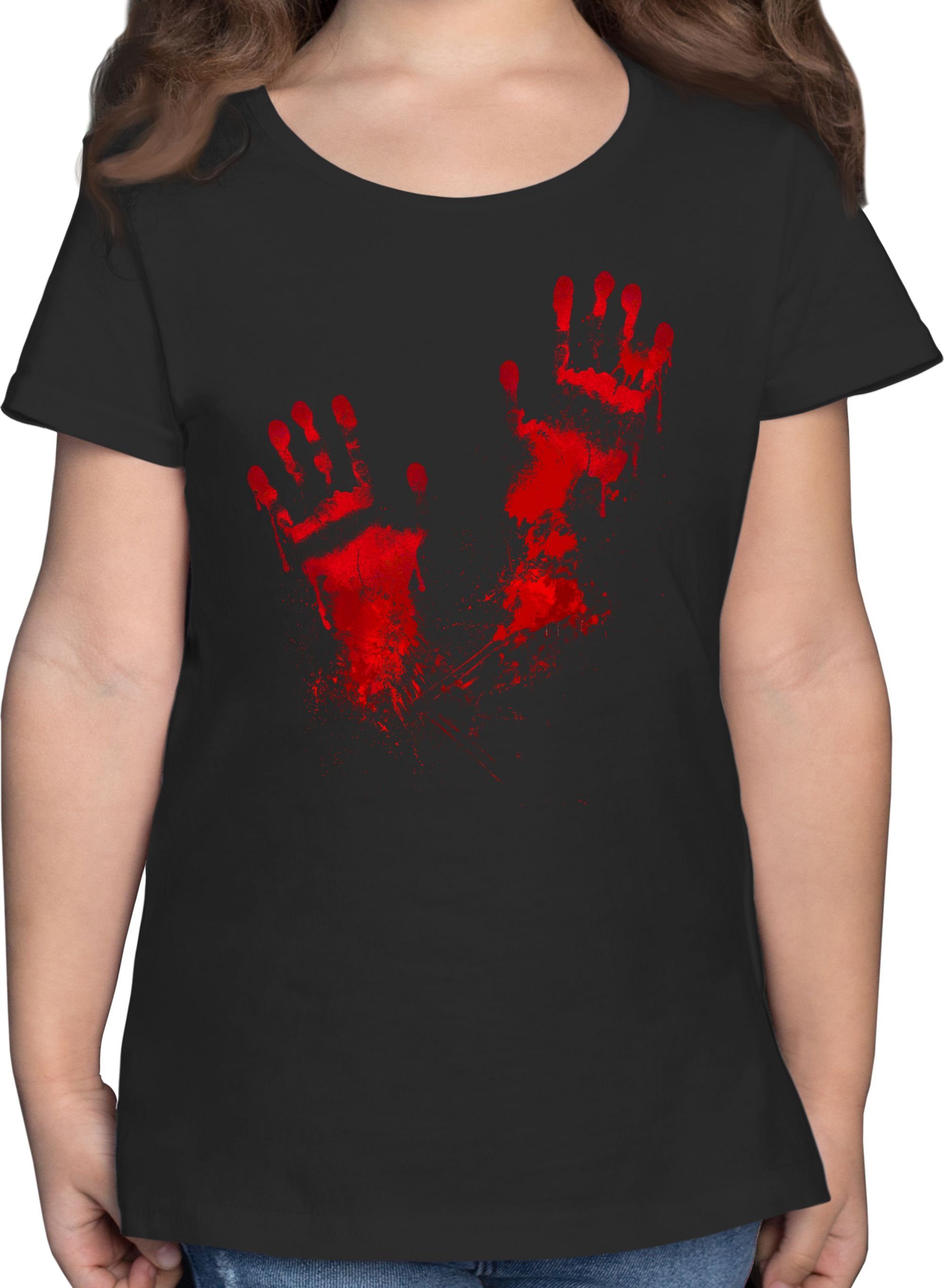 Shirtracer T-Shirt Blutige Handabdrücke Gruselig Blut Handabdruck Halloween Kostüme für Kinder 1 Schwarz