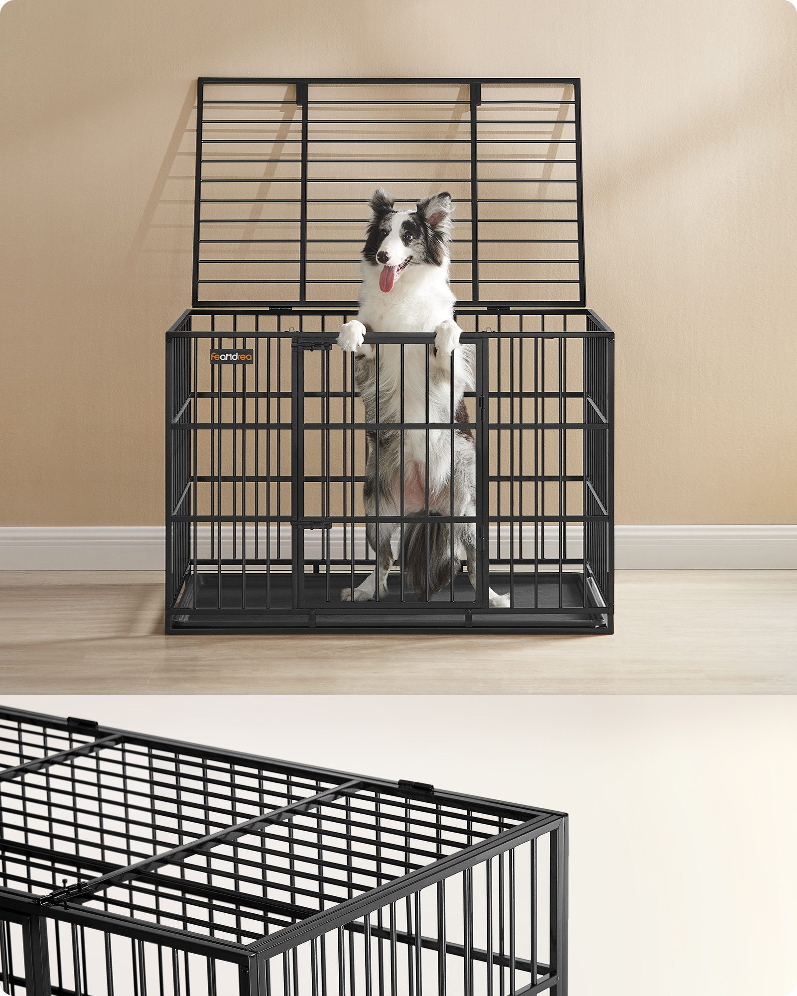 FEANDREA Tiertransportbox Hundekäfig hochbelastbar, Hundebox, mit herausnehmbarer Bodenschale, für mittelgroße und große Hunde, Haustierkäfig, 107 x 70 x 75 cm