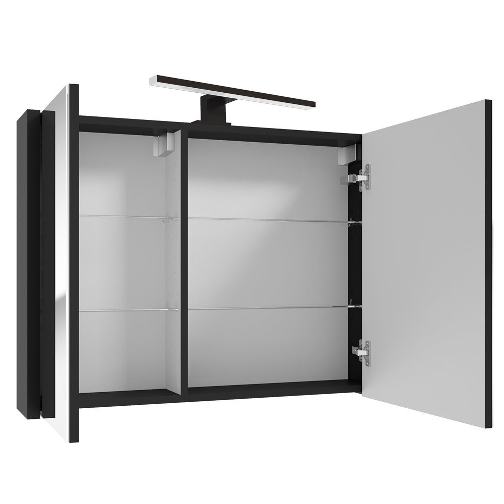 Lomadox Spiegelschrank NANTES-107 schwarz, 2Türen, B/H/T: mit LED 80/65/15 cm Aufbauleuchte