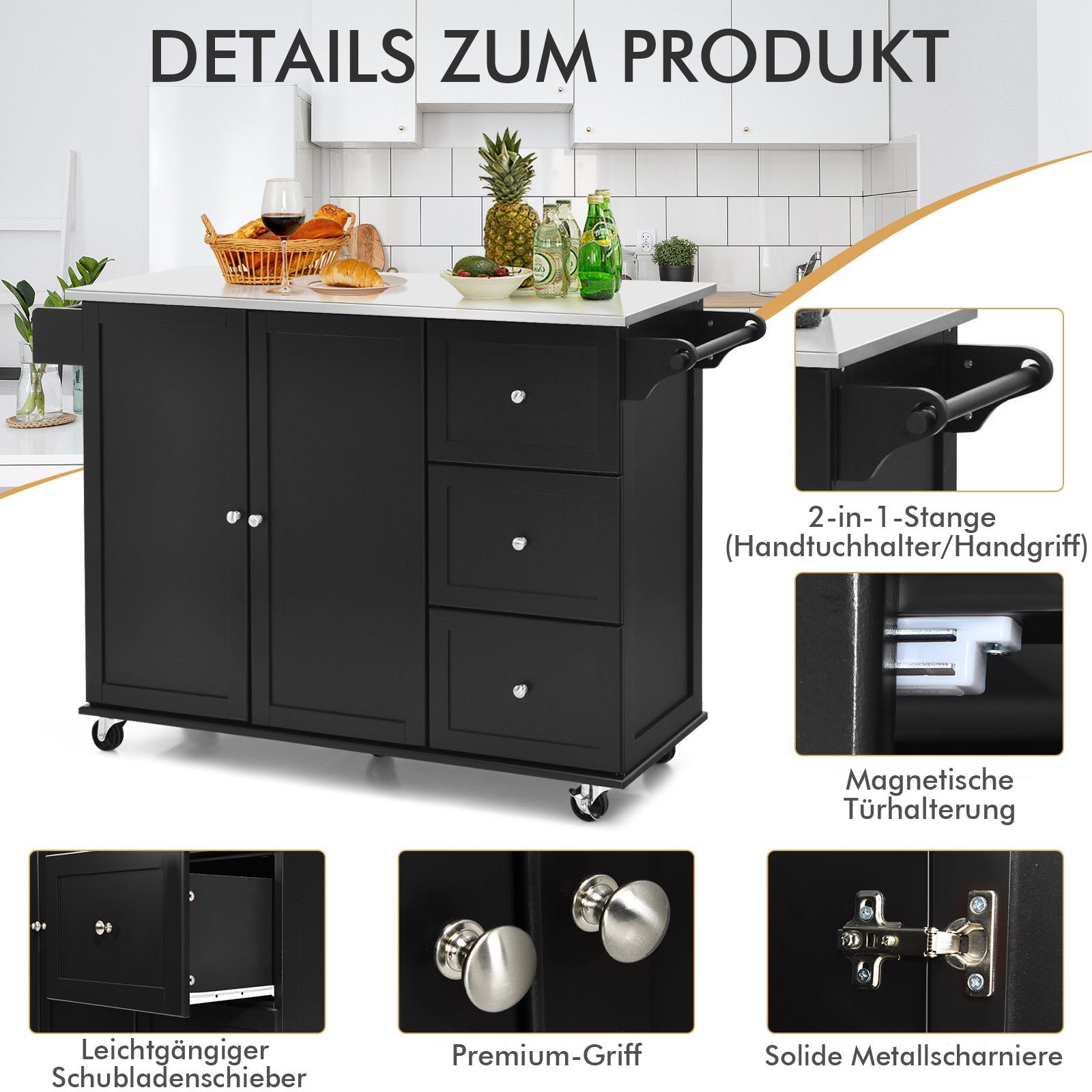 COSTWAY & 3 silber Küchenwagen, Schubladen, mit verstellbarer Arbeitsplatte schwarz, Ablage