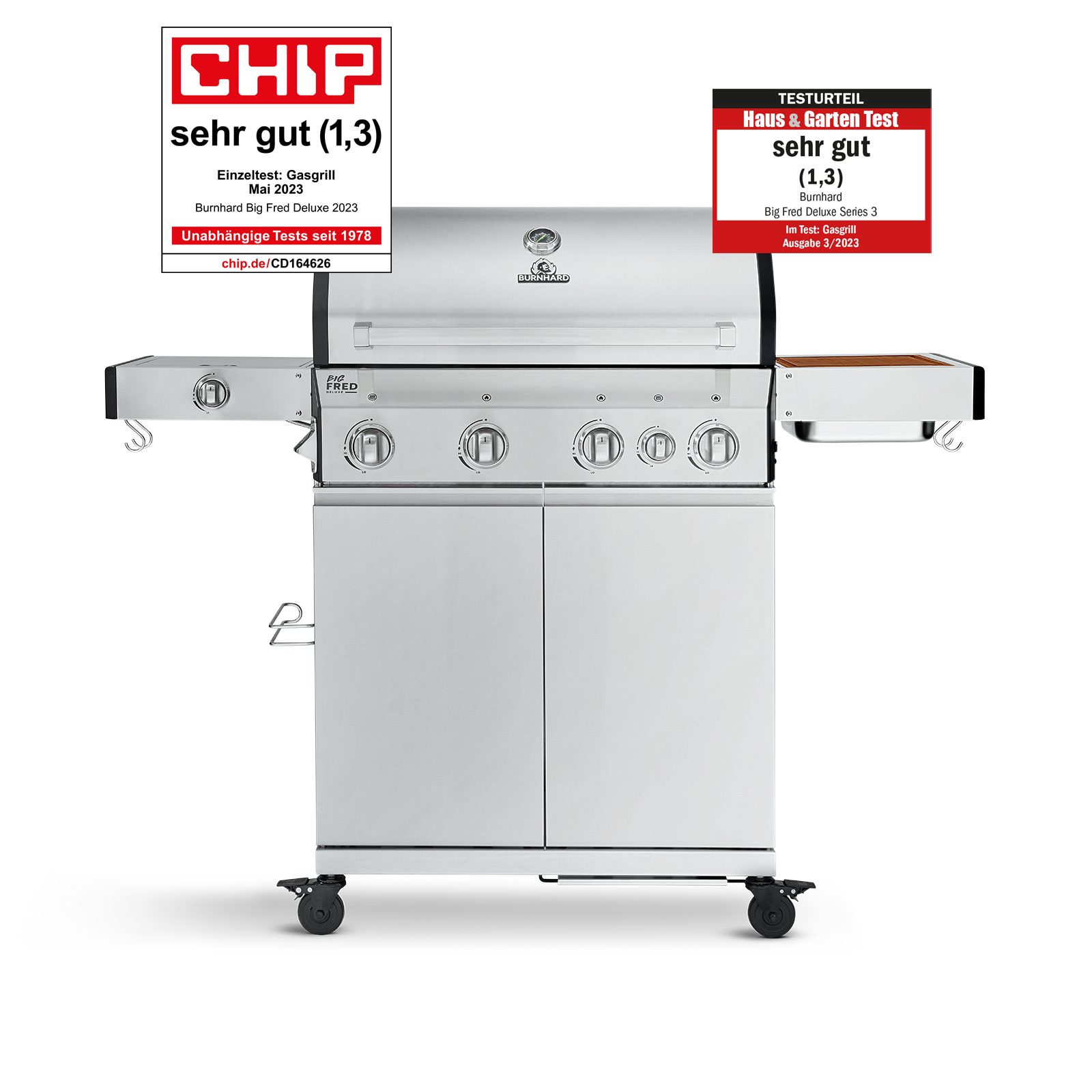 BURNHARD Gasgrill Big Fred, 4-Brenner, 900 Grad Infrarot-Keramikbrenner, klappbare Seitentische, Series 3, 20,2 kW, Gusseisenrost - Deluxe Edelstahl