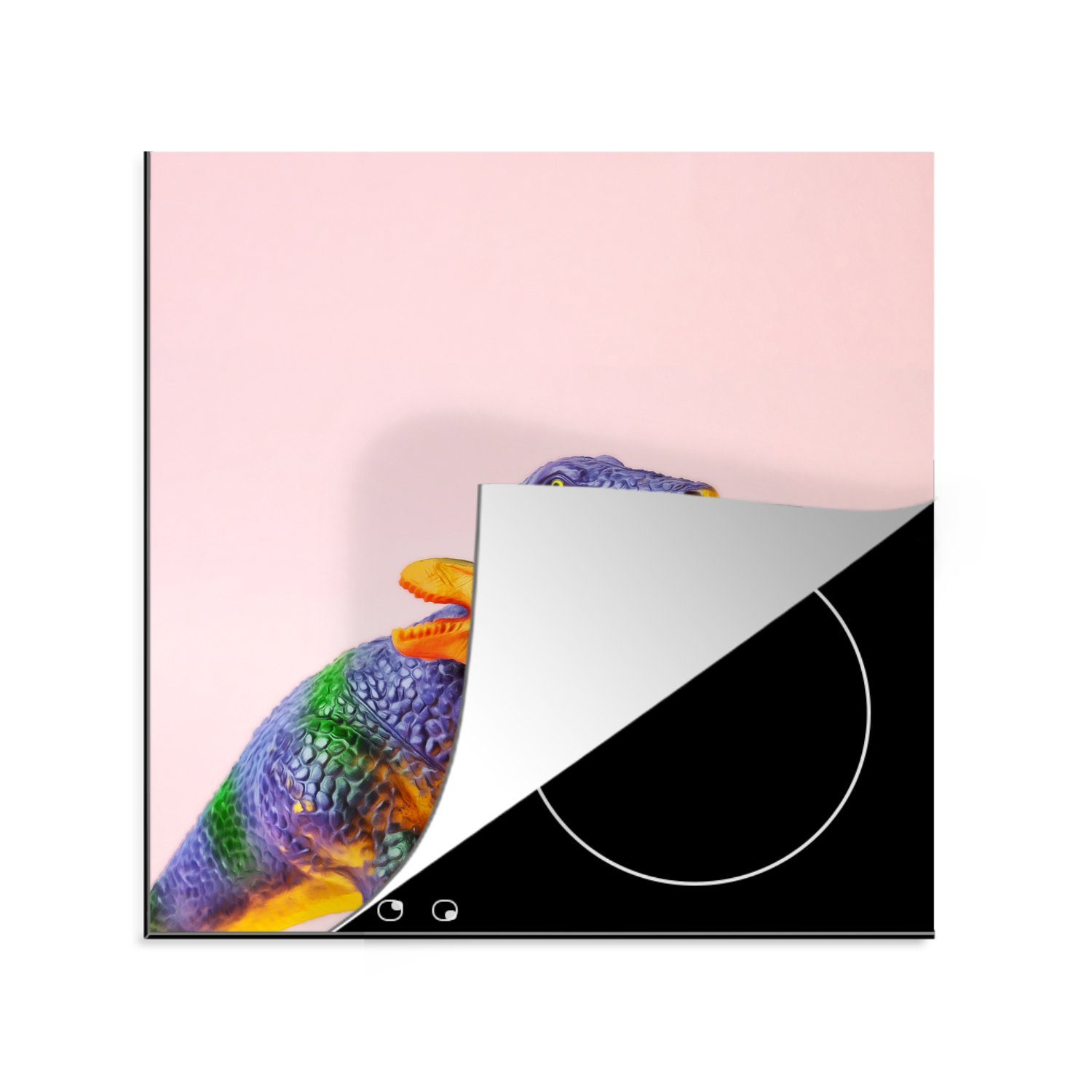 MuchoWow Herdblende-/Abdeckplatte Dinosaurier-Spielzeug - Gelb - Rosa, Vinyl, (1 tlg), 78x78 cm, Ceranfeldabdeckung, Arbeitsplatte für küche