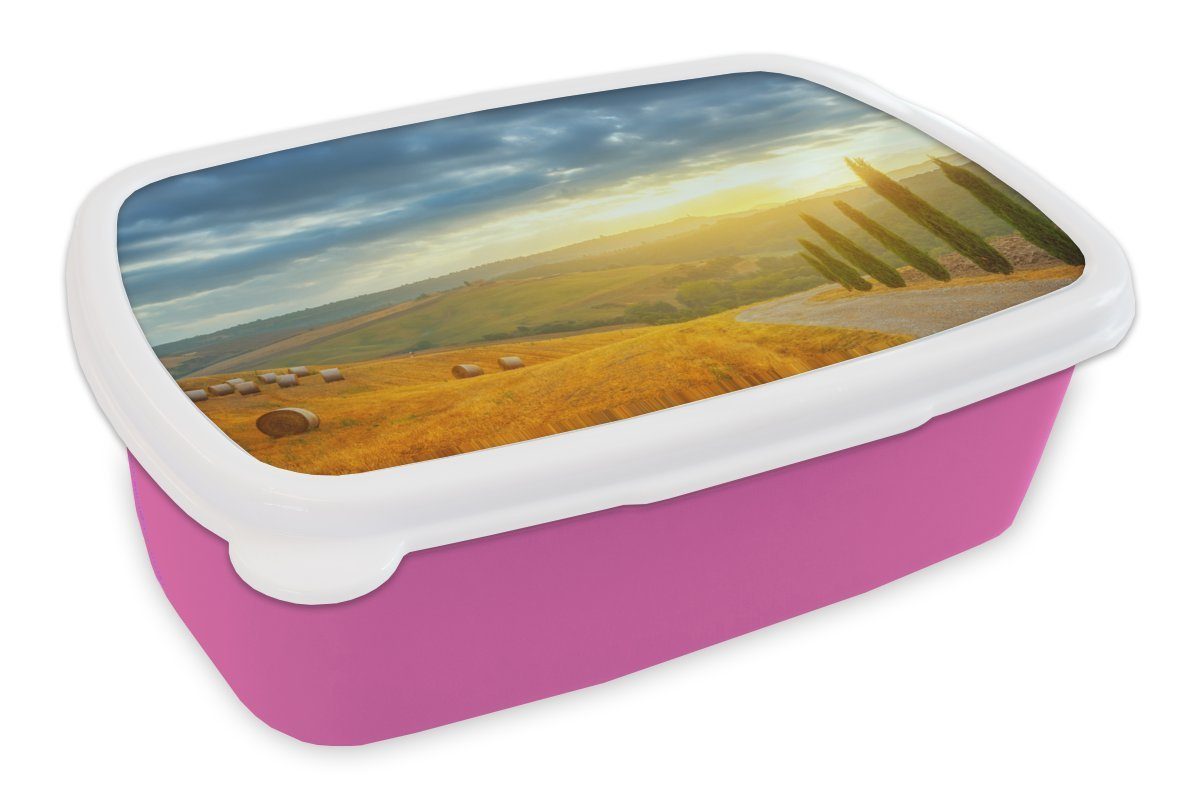 MuchoWow Lunchbox Toskana - Heuballen - Sonne, Kunststoff, (2-tlg), Brotbox für Erwachsene, Brotdose Kinder, Snackbox, Mädchen, Kunststoff rosa