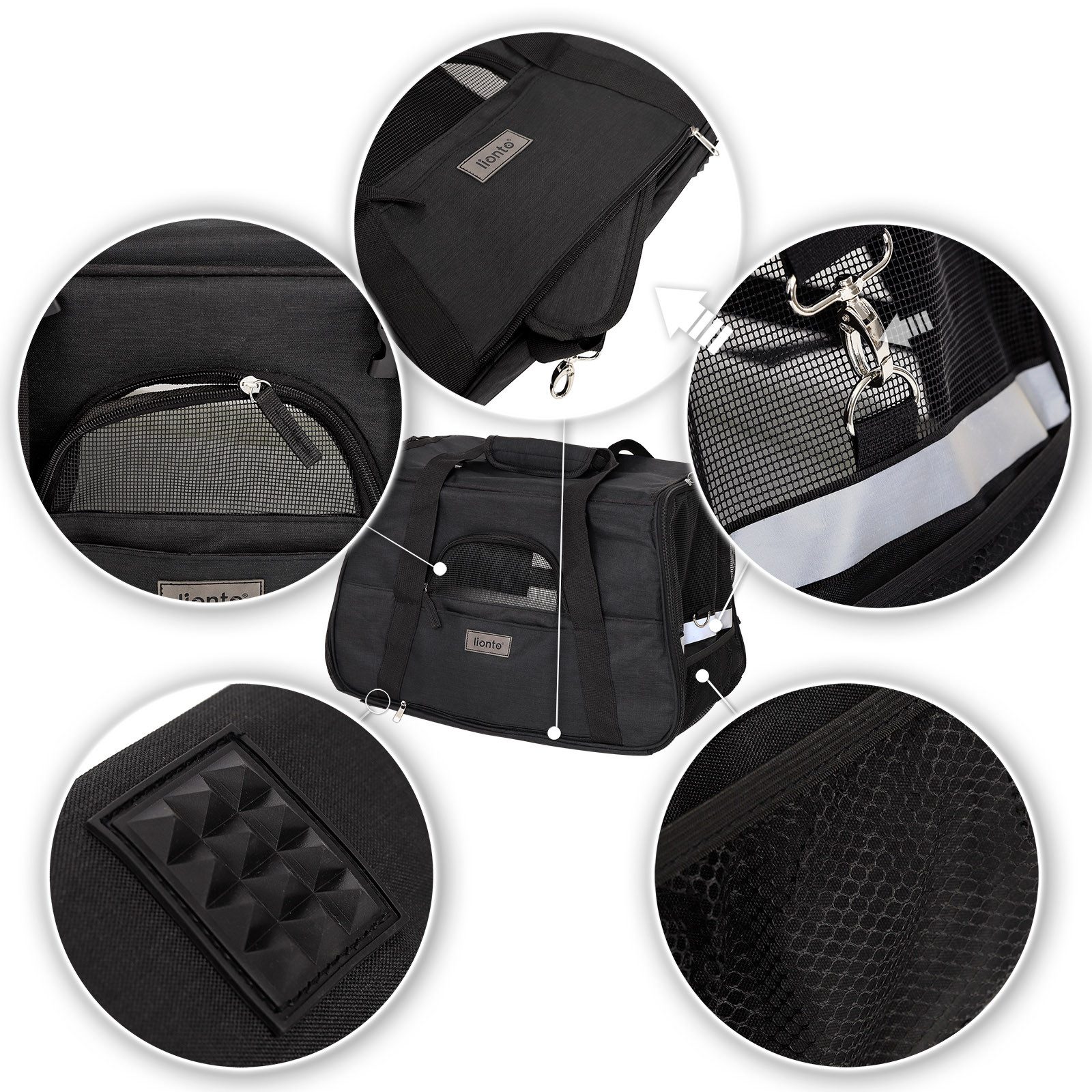 lionto Tiertransportbox gepolstert, Katzentransporttasche 48,5x27x31,5 cm bis 10 kg, mit Tragegriffen, Schultergurt und Koffergriffhalterung